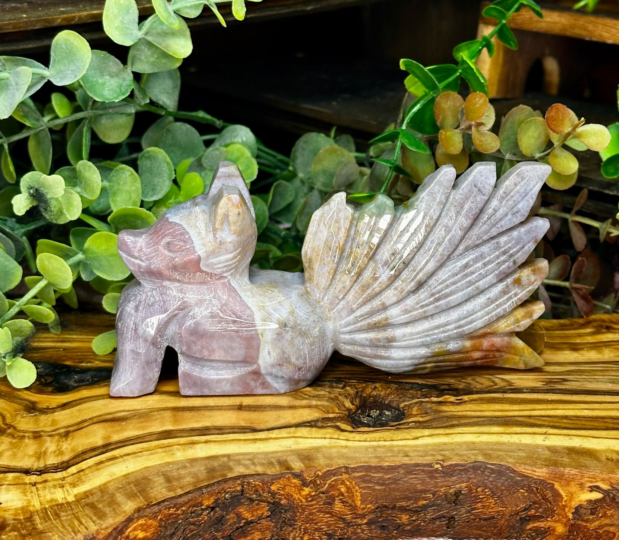 Pink Ocean Jasper Nine-Tail Fox Carving