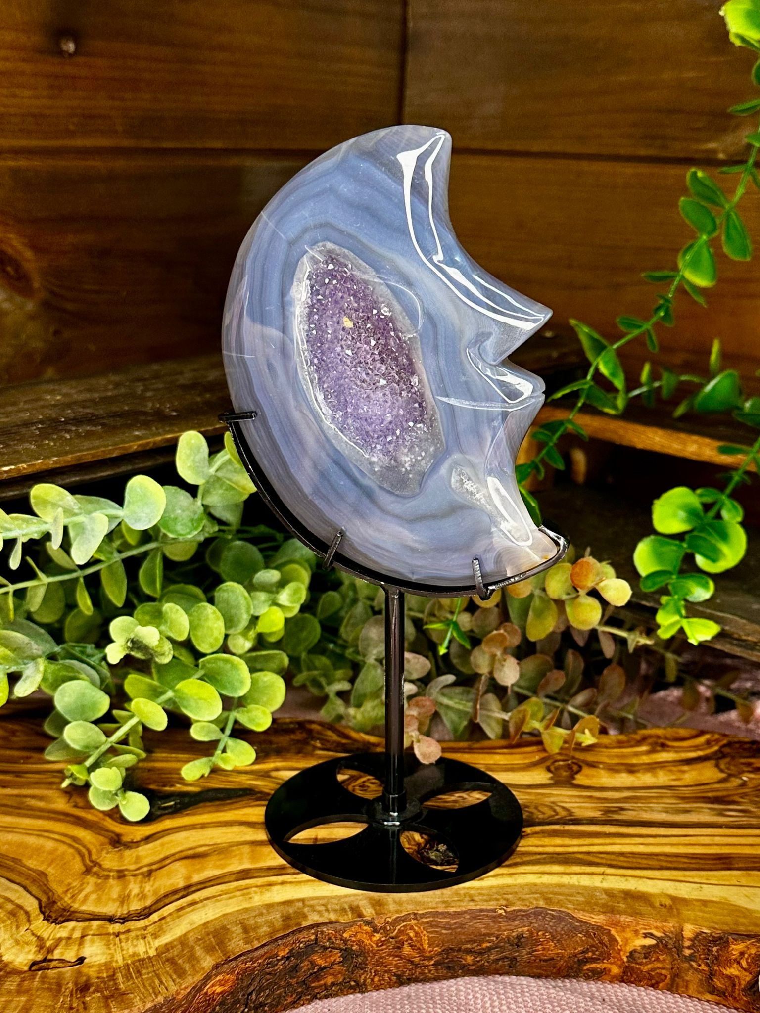 Amethyst Druzy Agate Moon on Stand #1