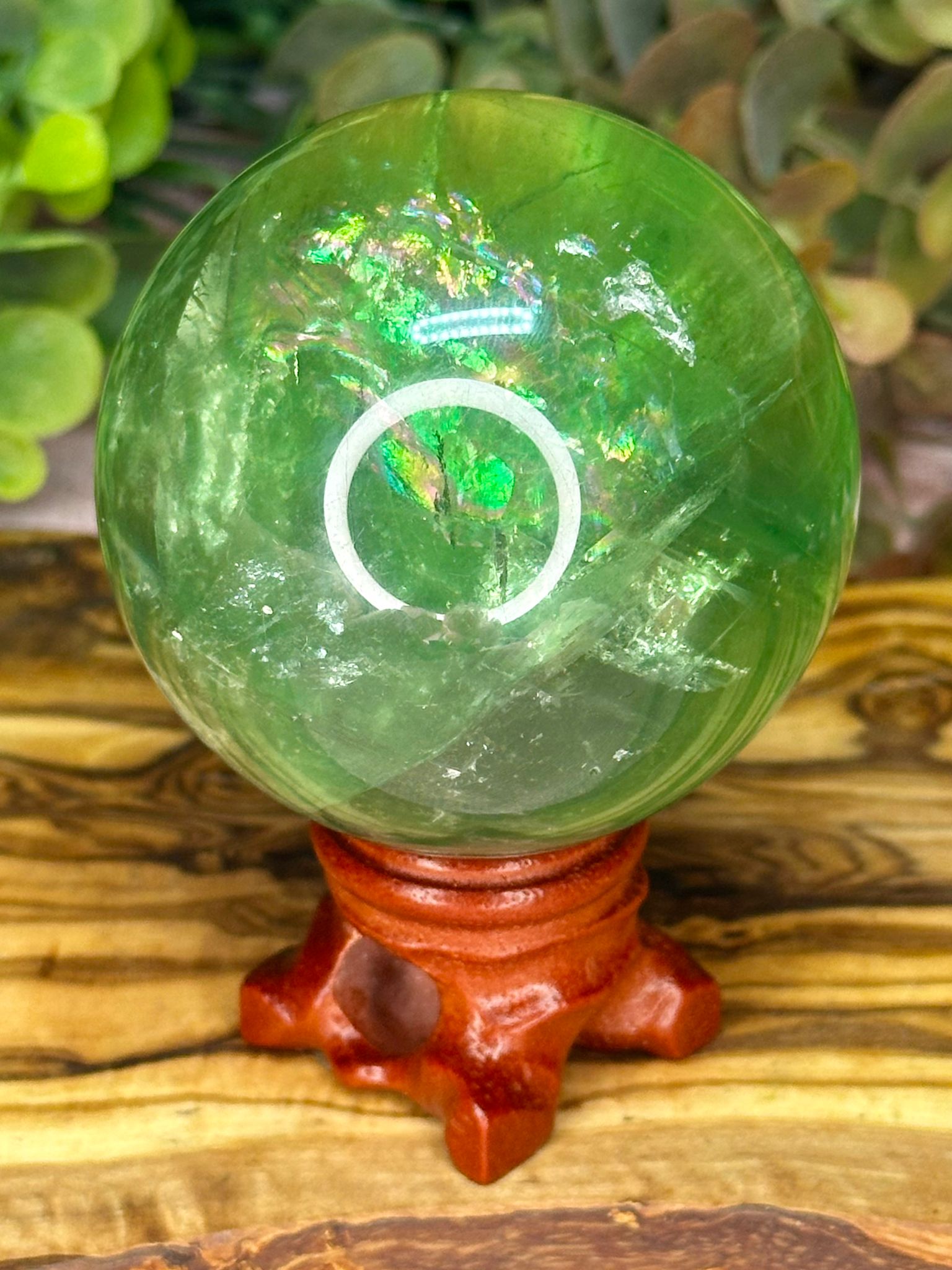 Apple Green Fluorite Sphere with Rainbows & Pyrite Inclusion