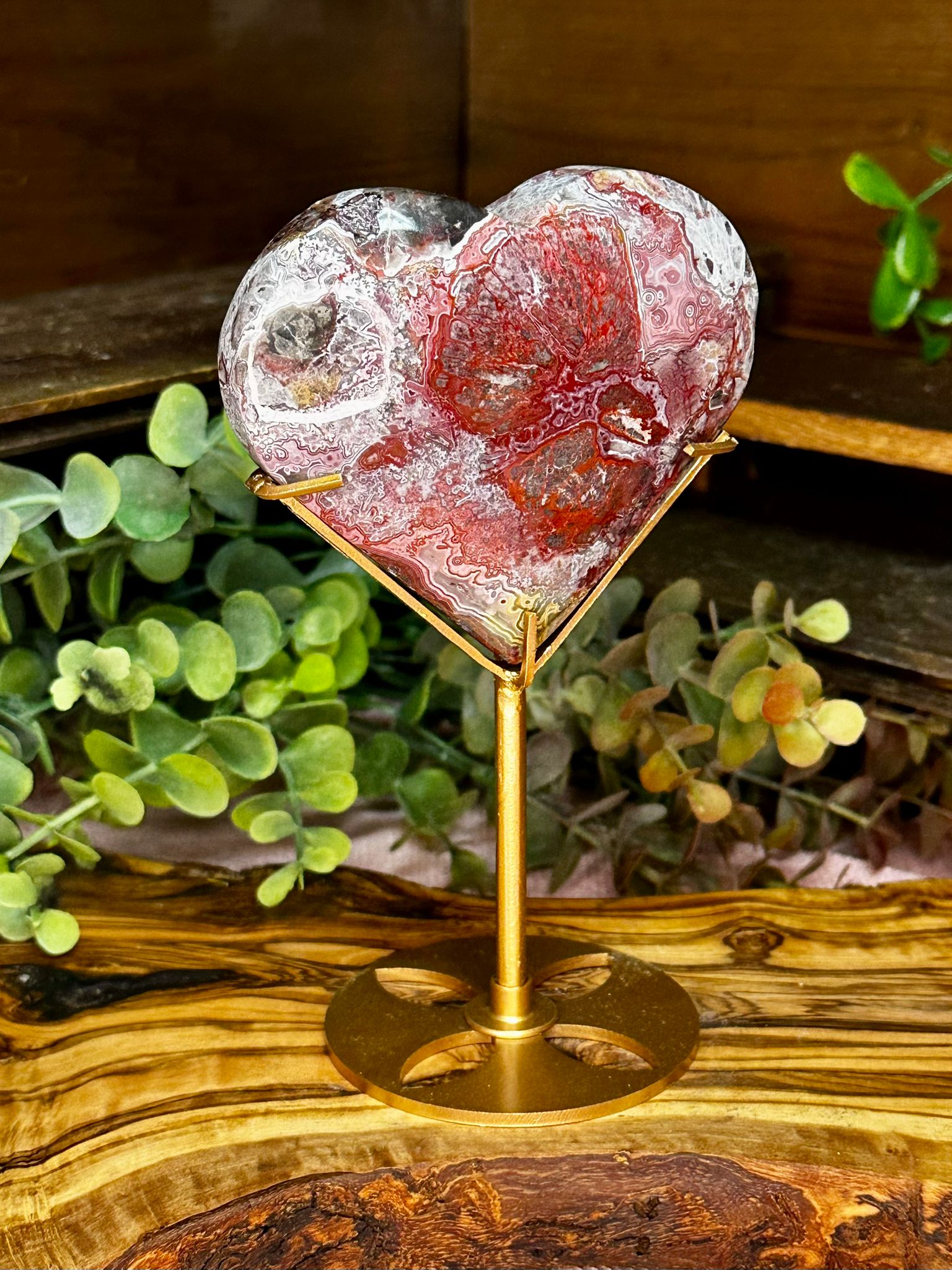 Red Mexican Lace Agate Heart with Stand #1