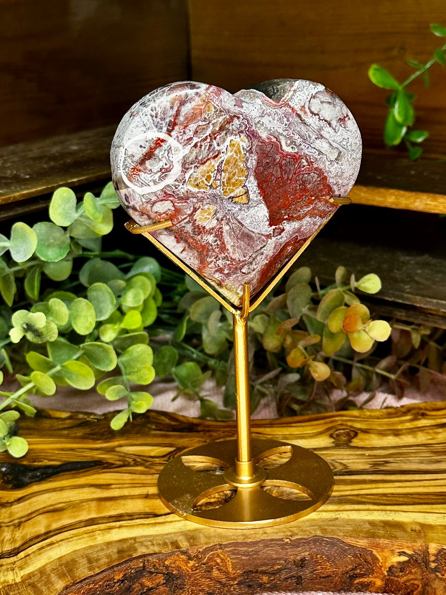 Red Mexican Lace Agate Heart with Stand #1