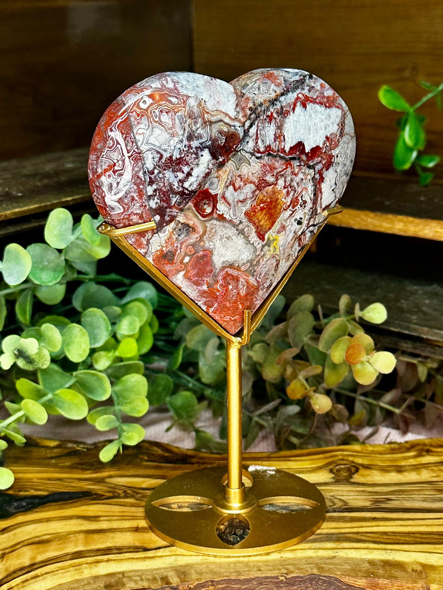 Red Mexican Lace Agate Heart with Stand #2