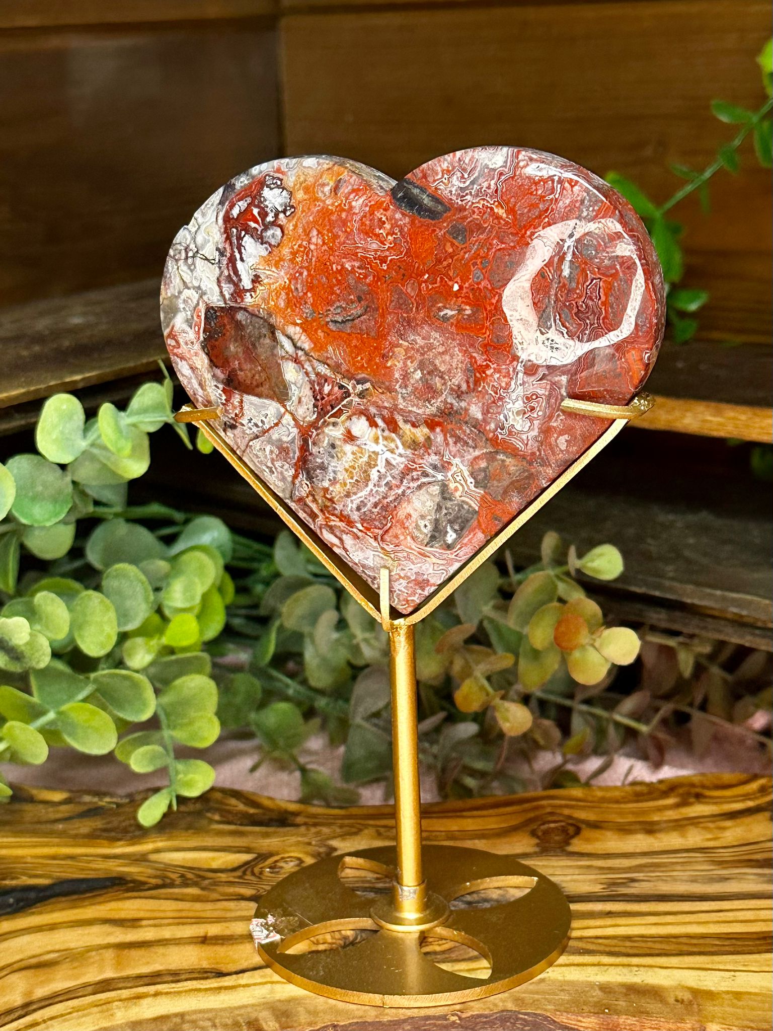 Red Mexican Lace Agate Heart with Stand #2