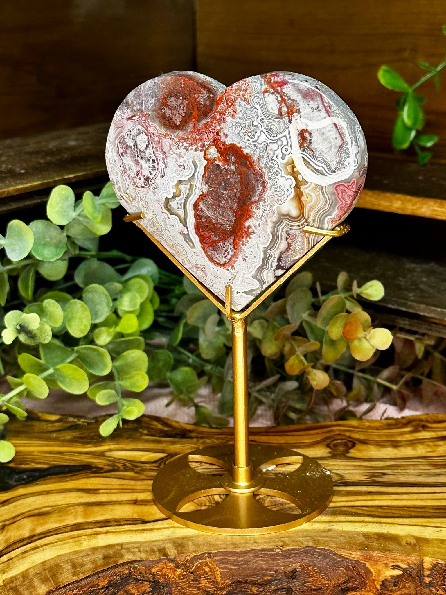 Red Mexican Lace Agate Heart with Stand #3