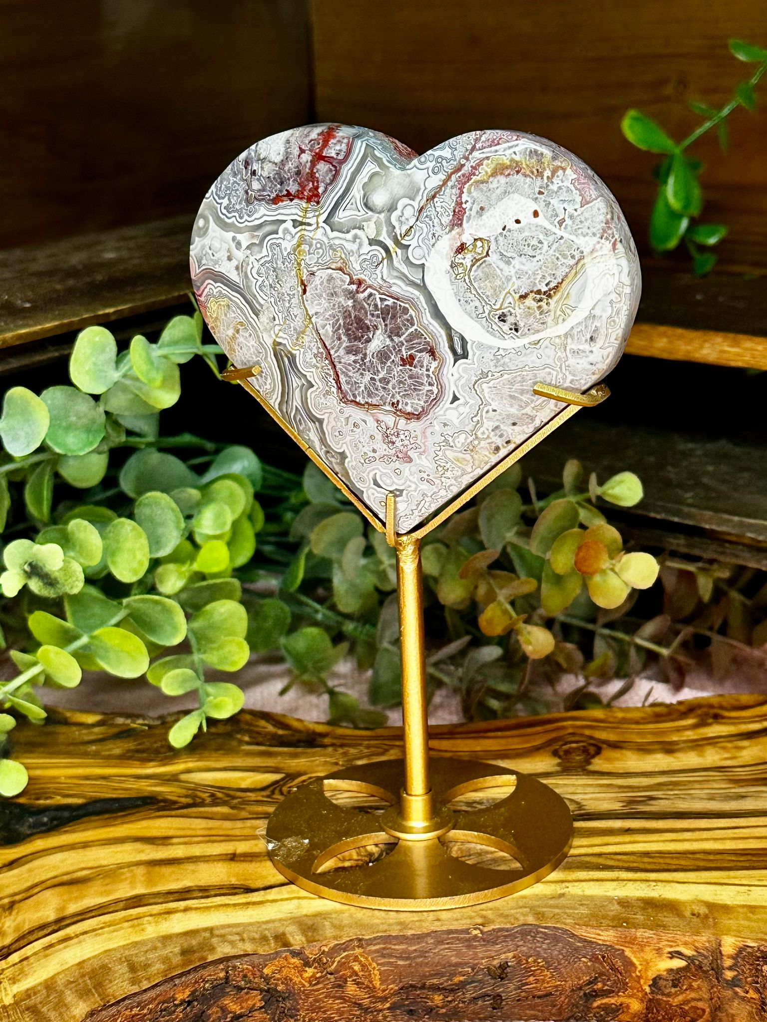 Red Mexican Lace Agate Heart with Stand #3