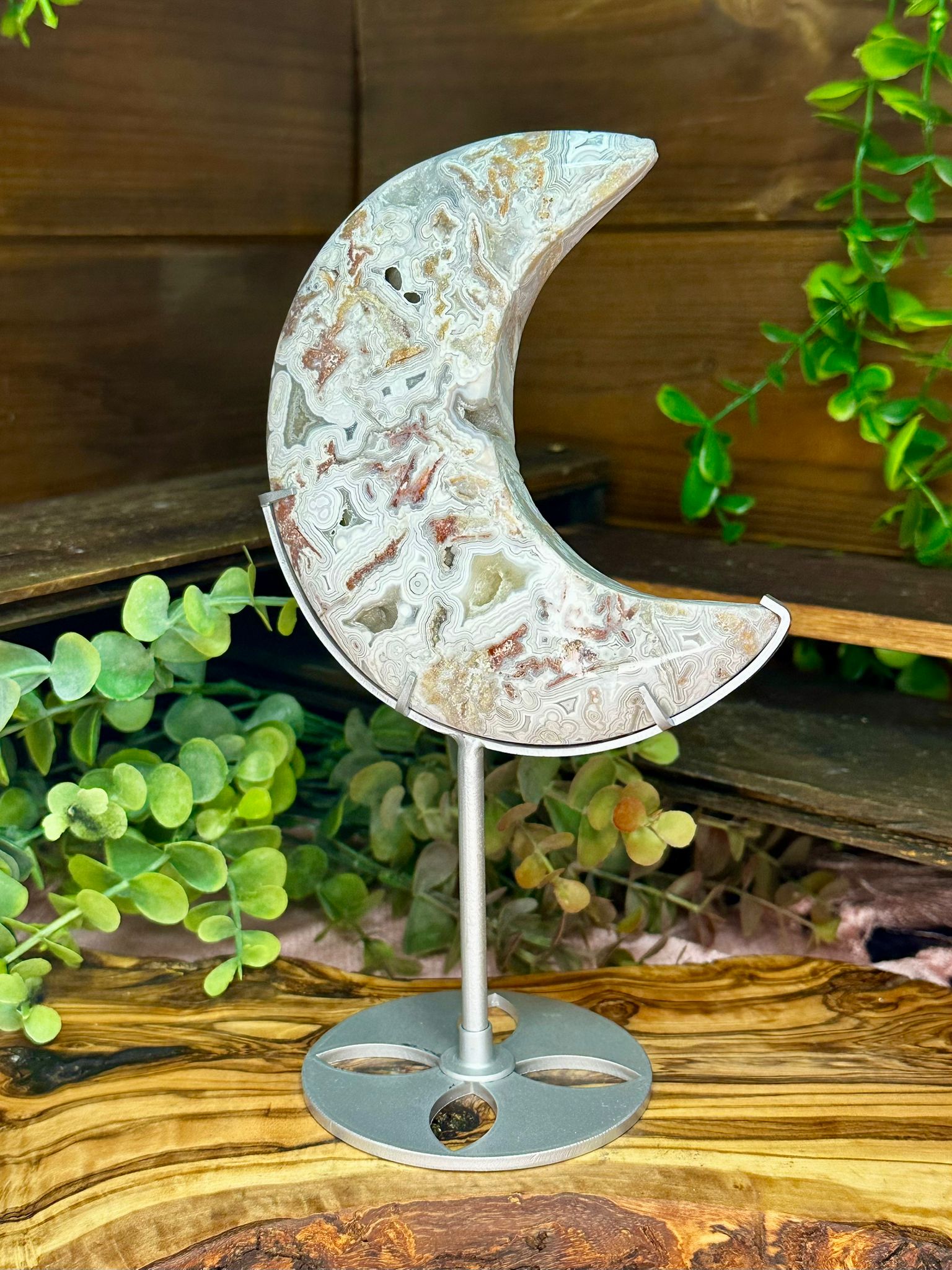 Mexican Lace Agate Crescent Moon on Stand