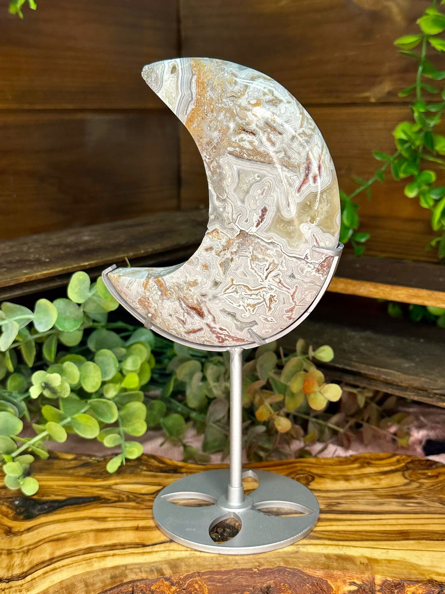 Mexican Lace Agate Crescent Moon on Stand