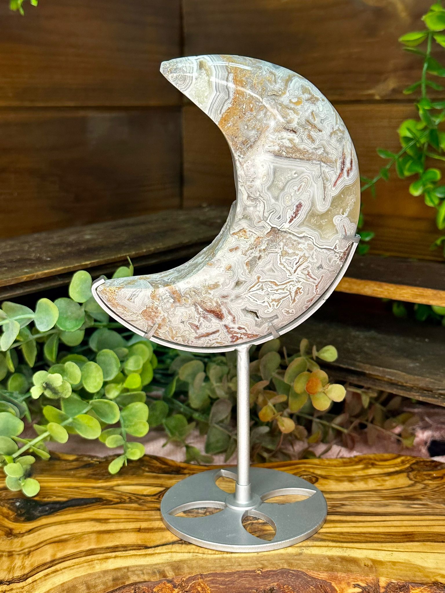 Mexican Lace Agate Crescent Moon on Stand