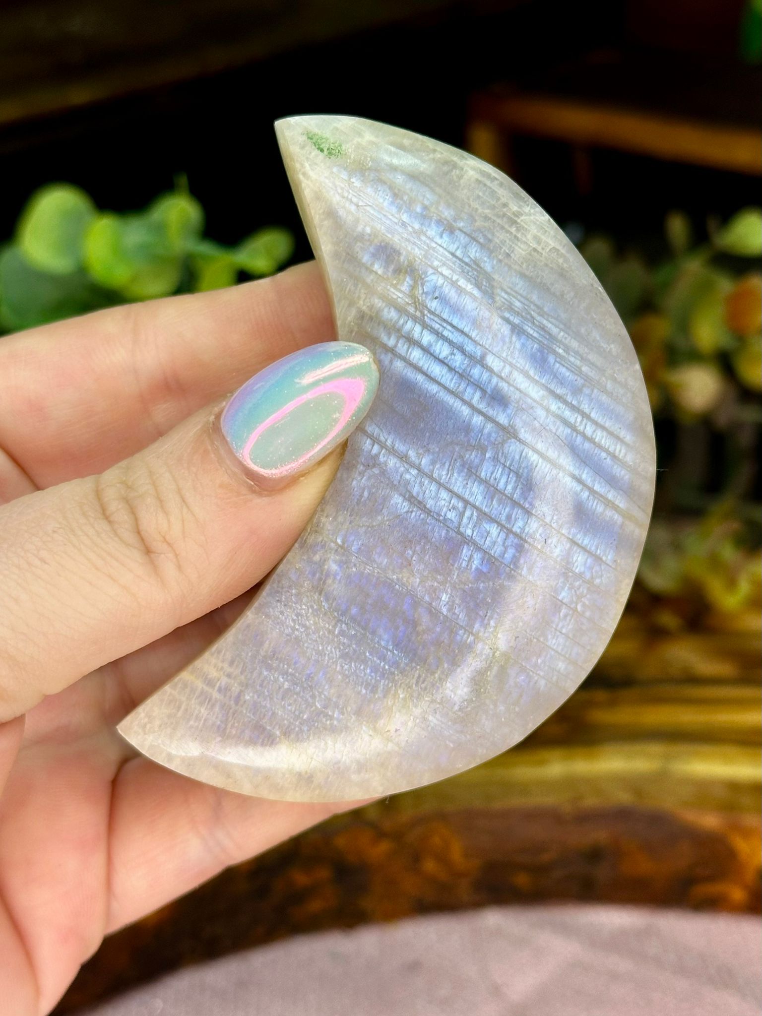 Rainbow Moonstone Crescent Moon Carving