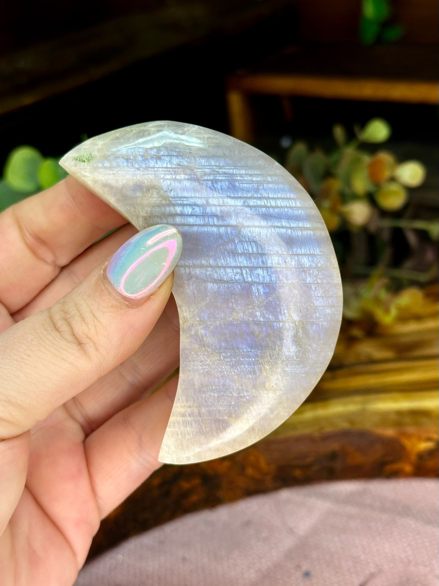 Rainbow Moonstone Crescent Moon Carving