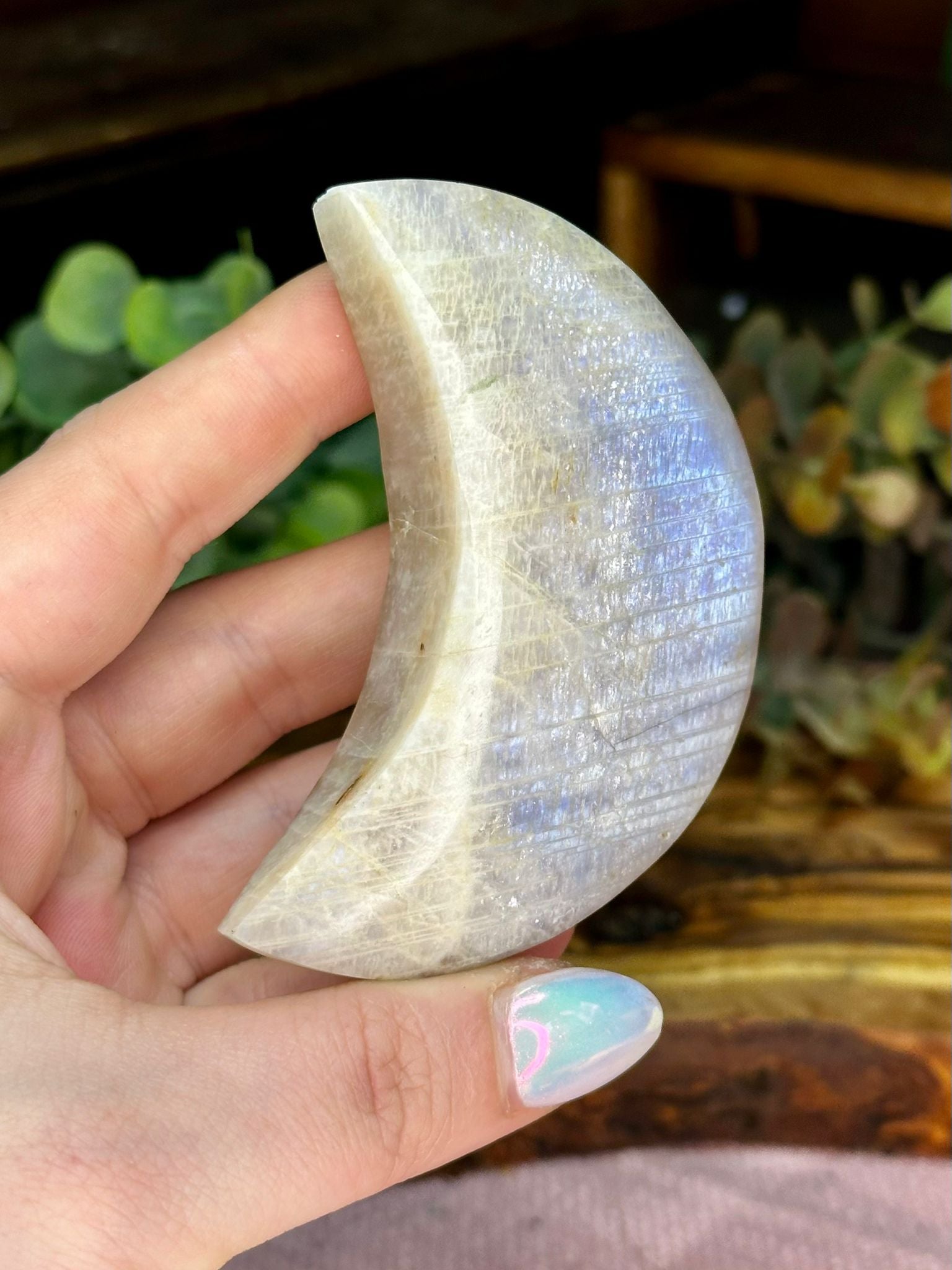 Rainbow Moonstone Crescent Moon Carving
