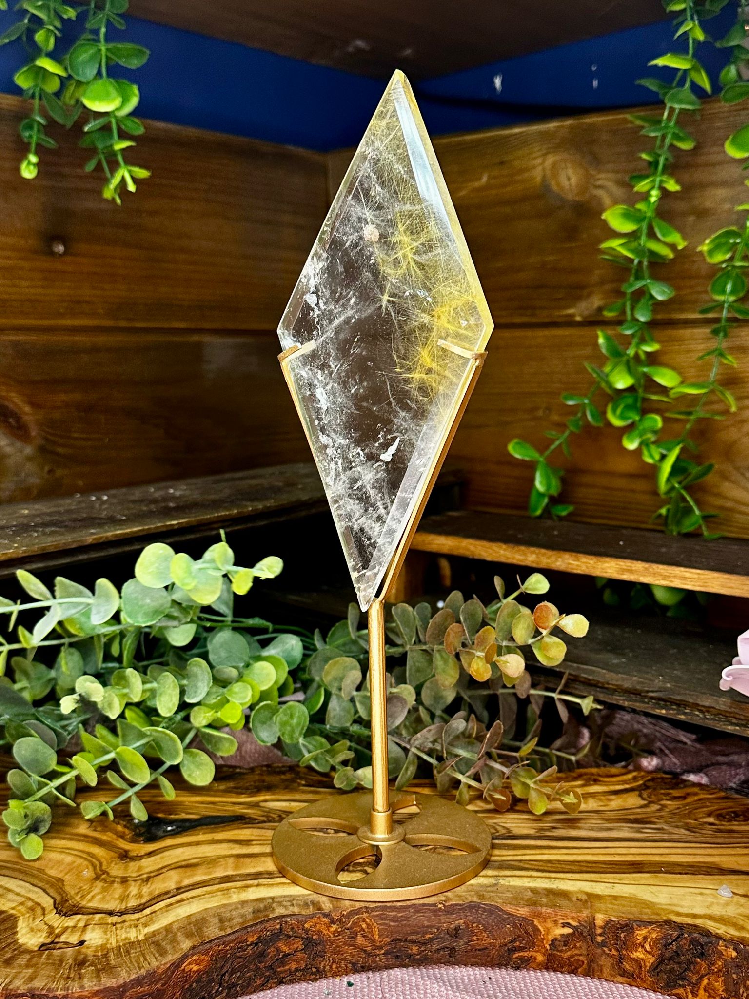 Large Golden Rutilated Quartz Diamond on Display Stand