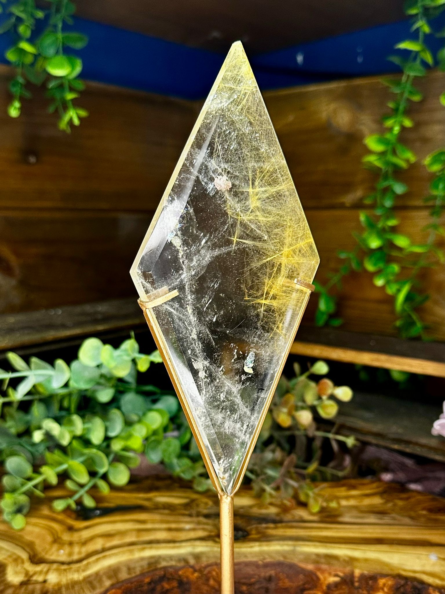 Large Golden Rutilated Quartz Diamond on Display Stand