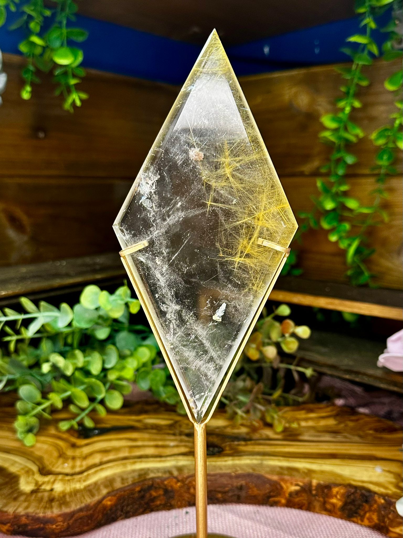 Large Golden Rutilated Quartz Diamond on Display Stand