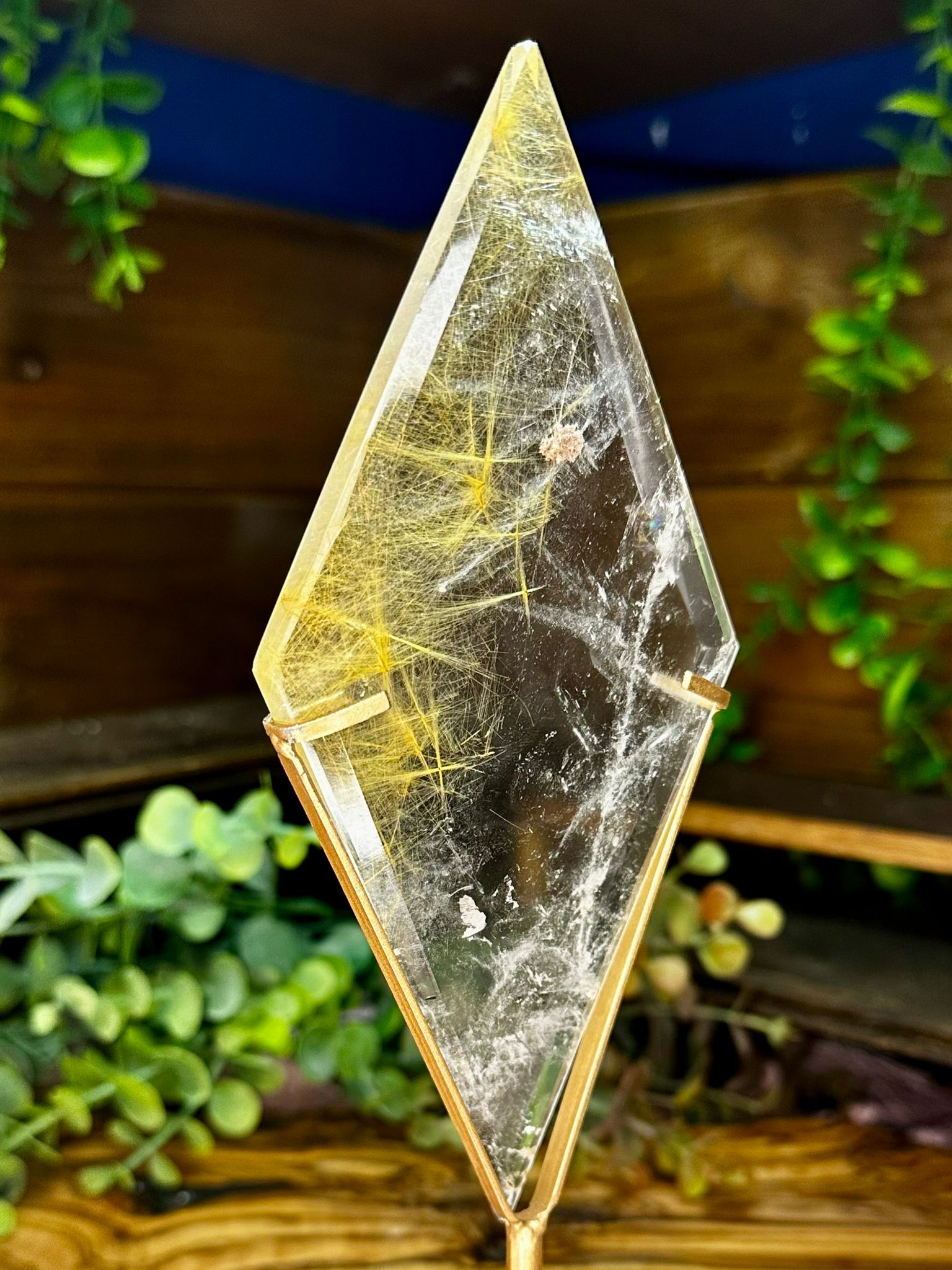 Large Golden Rutilated Quartz Diamond on Display Stand