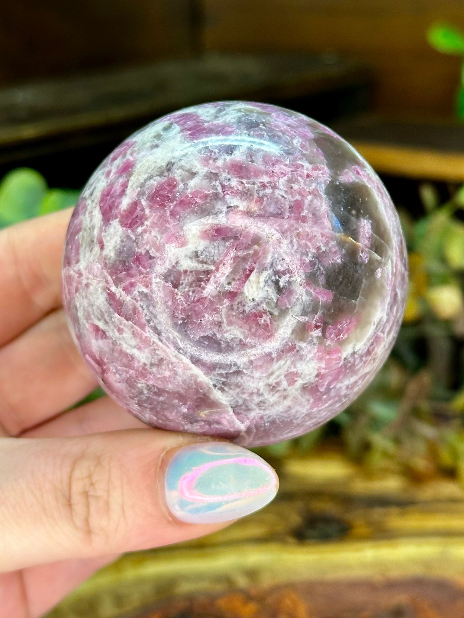 Pink Tourmaline in Smoky Quartz Sphere