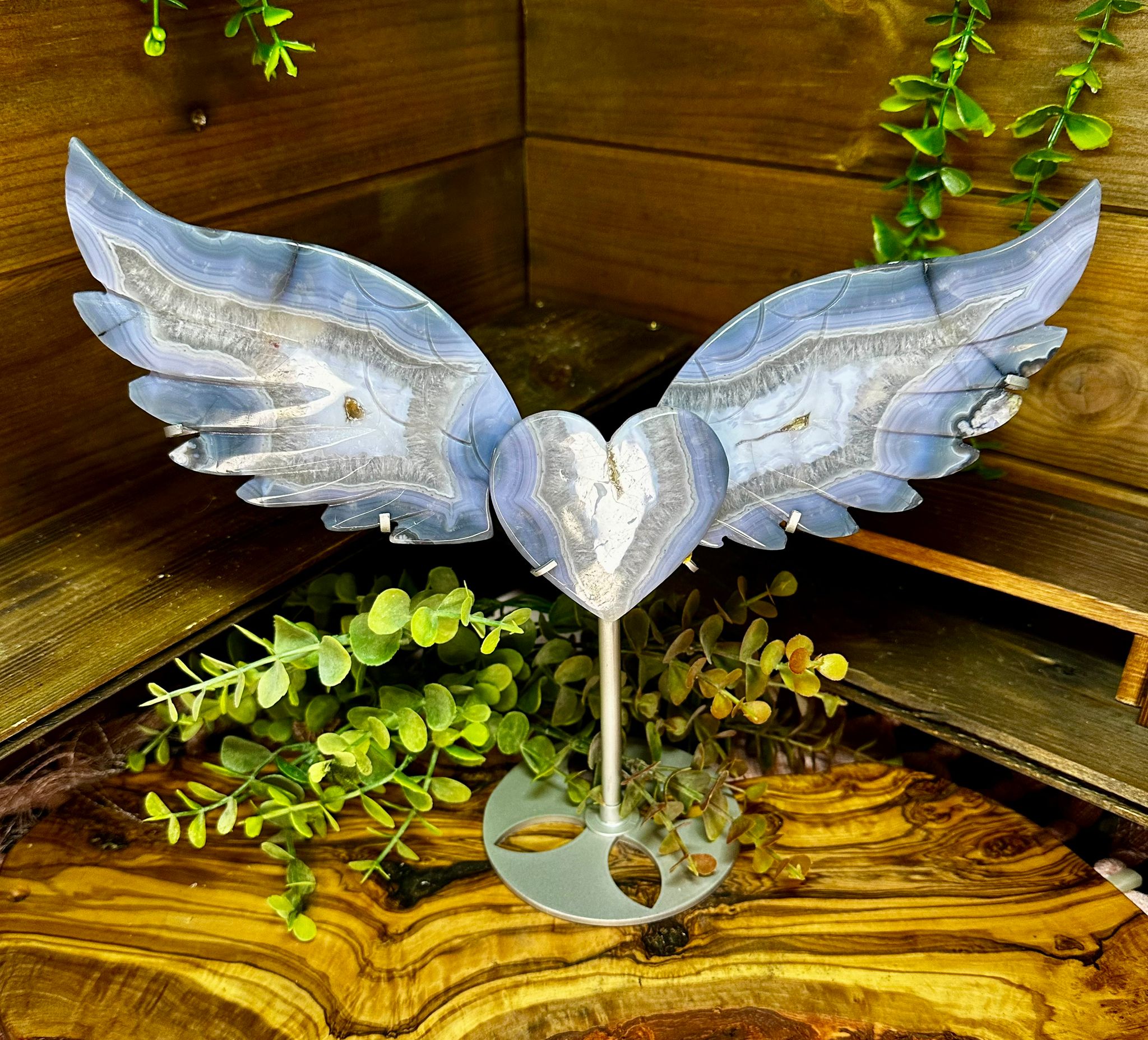 XL Druzy Blue Agate Angel Wings with Heart
