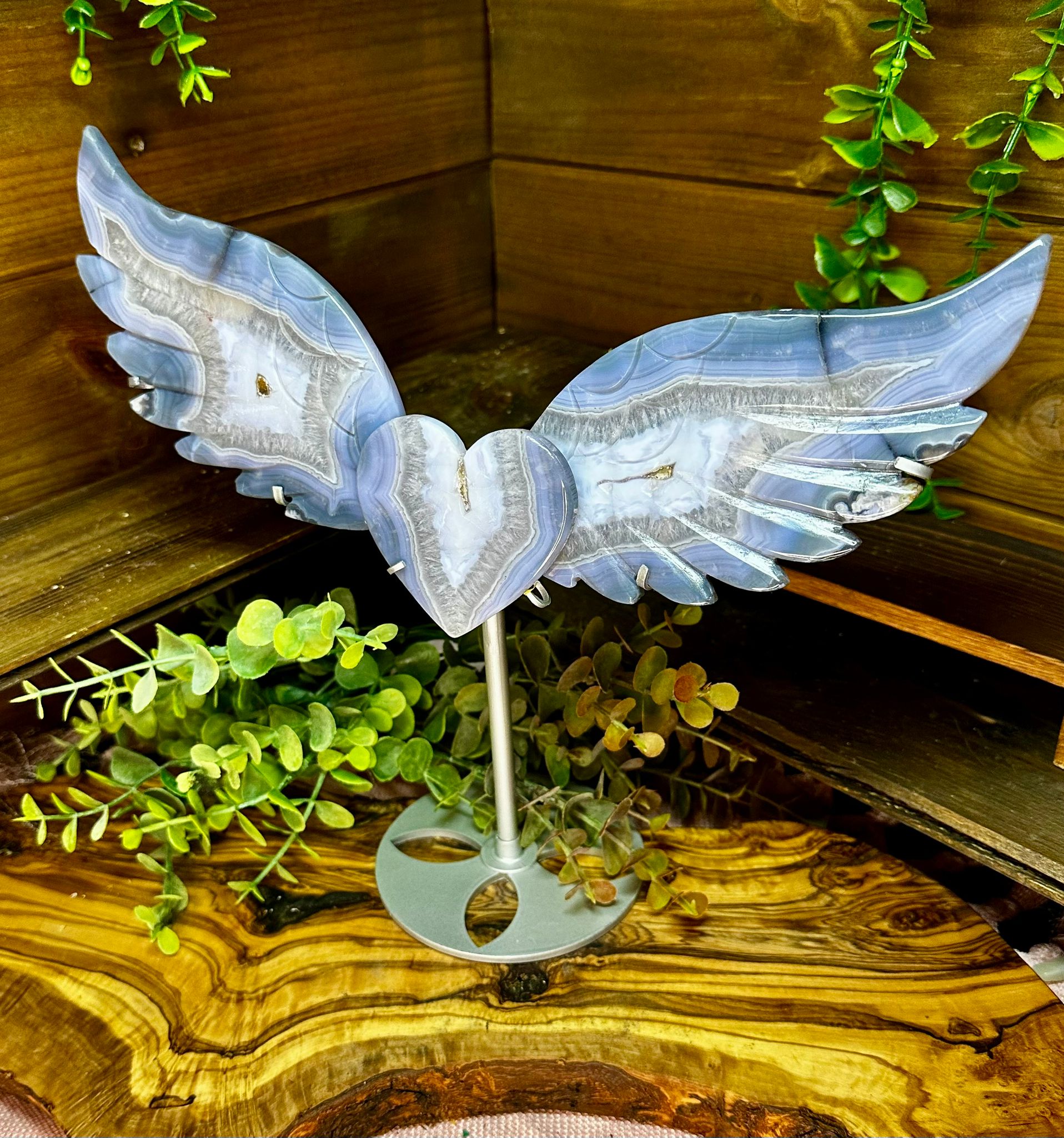 XL Druzy Blue Agate Angel Wings with Heart