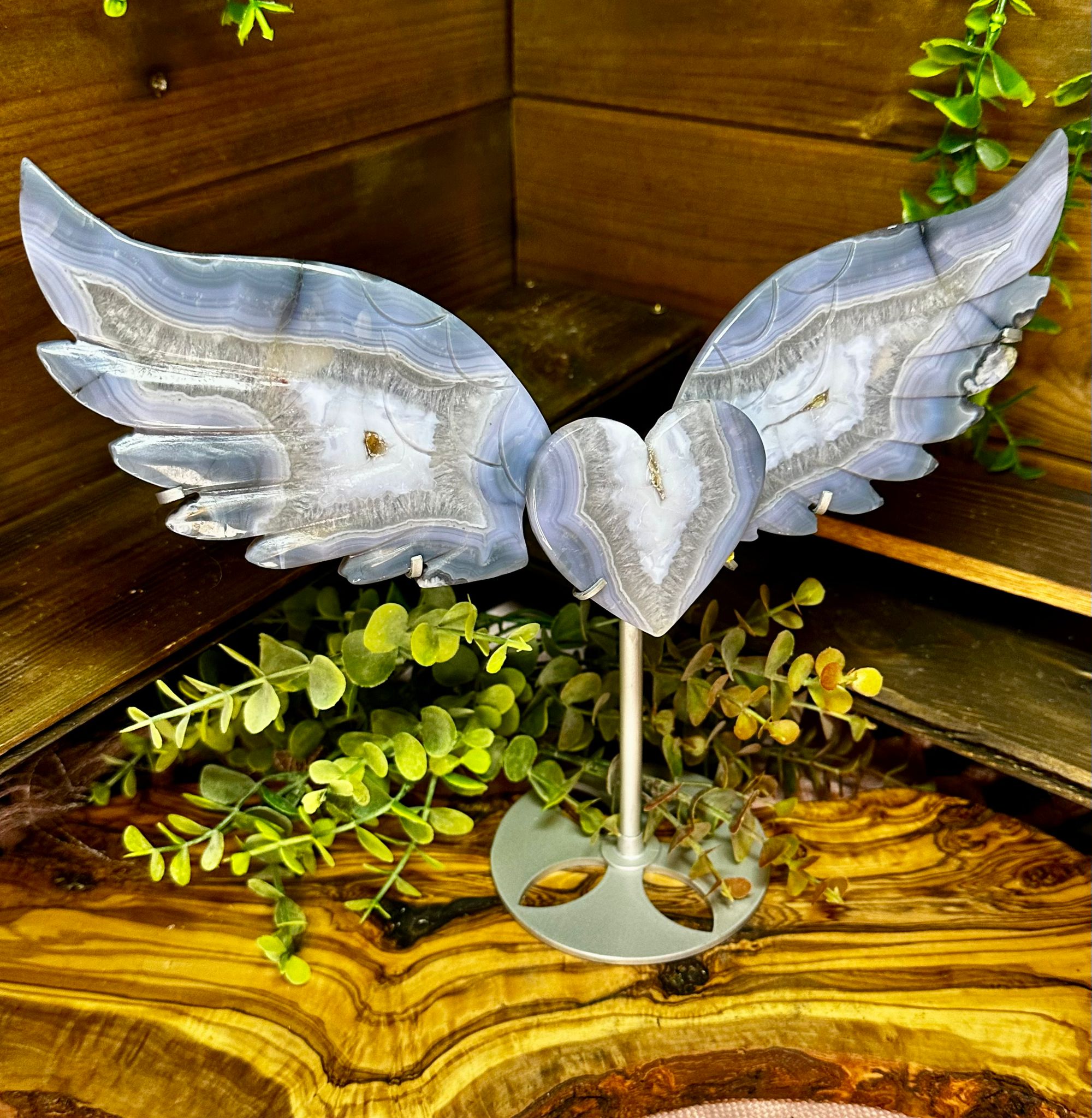 XL Druzy Blue Agate Angel Wings with Heart