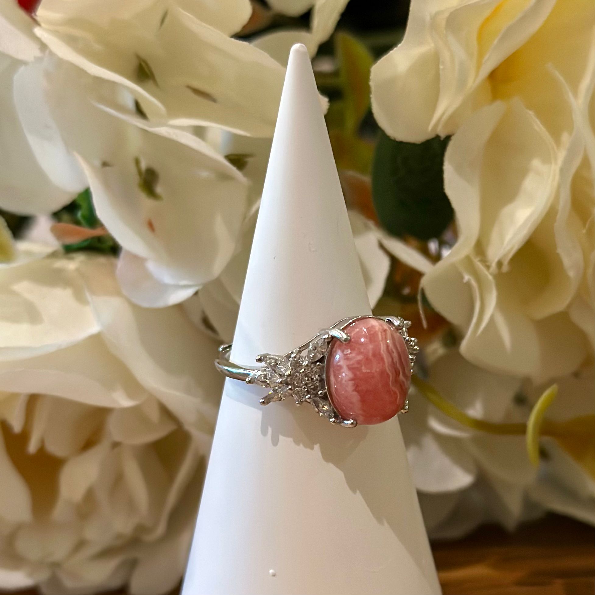 Rhodochrosite Ring - Oval Halo Setting