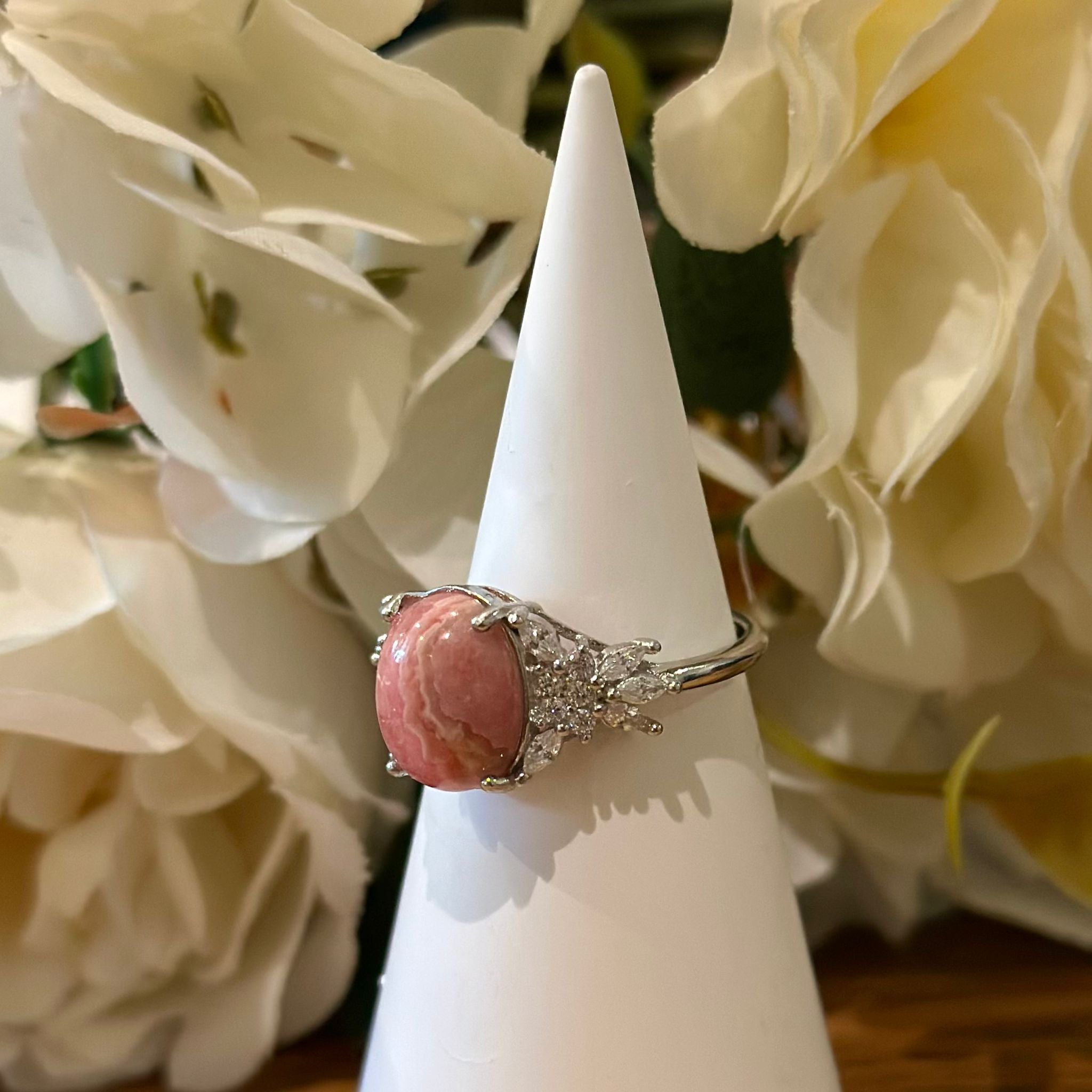 Rhodochrosite Ring - Oval Halo Setting