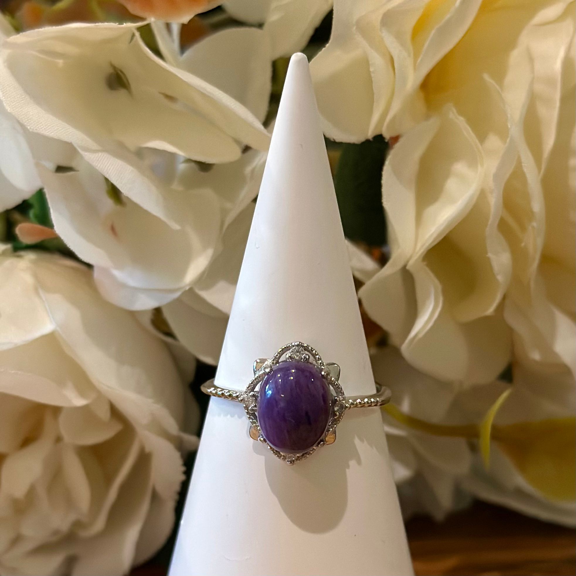 Charoite Ring – Classic Halo Setting