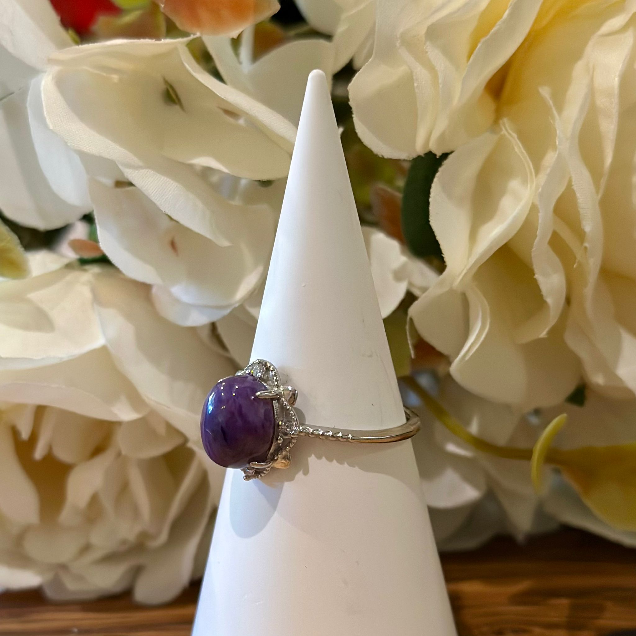 Charoite Ring – Classic Halo Setting