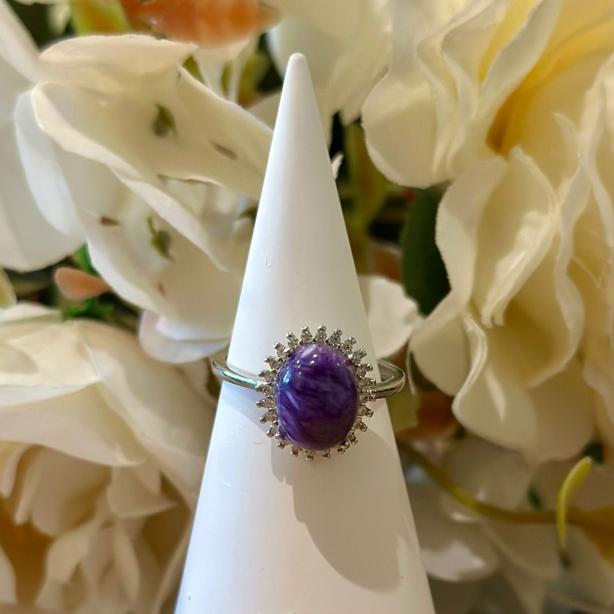 Charoite Ring – Pavé Halo Setting