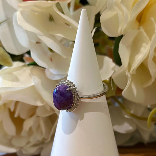 Charoite Ring – Pavé Halo Setting