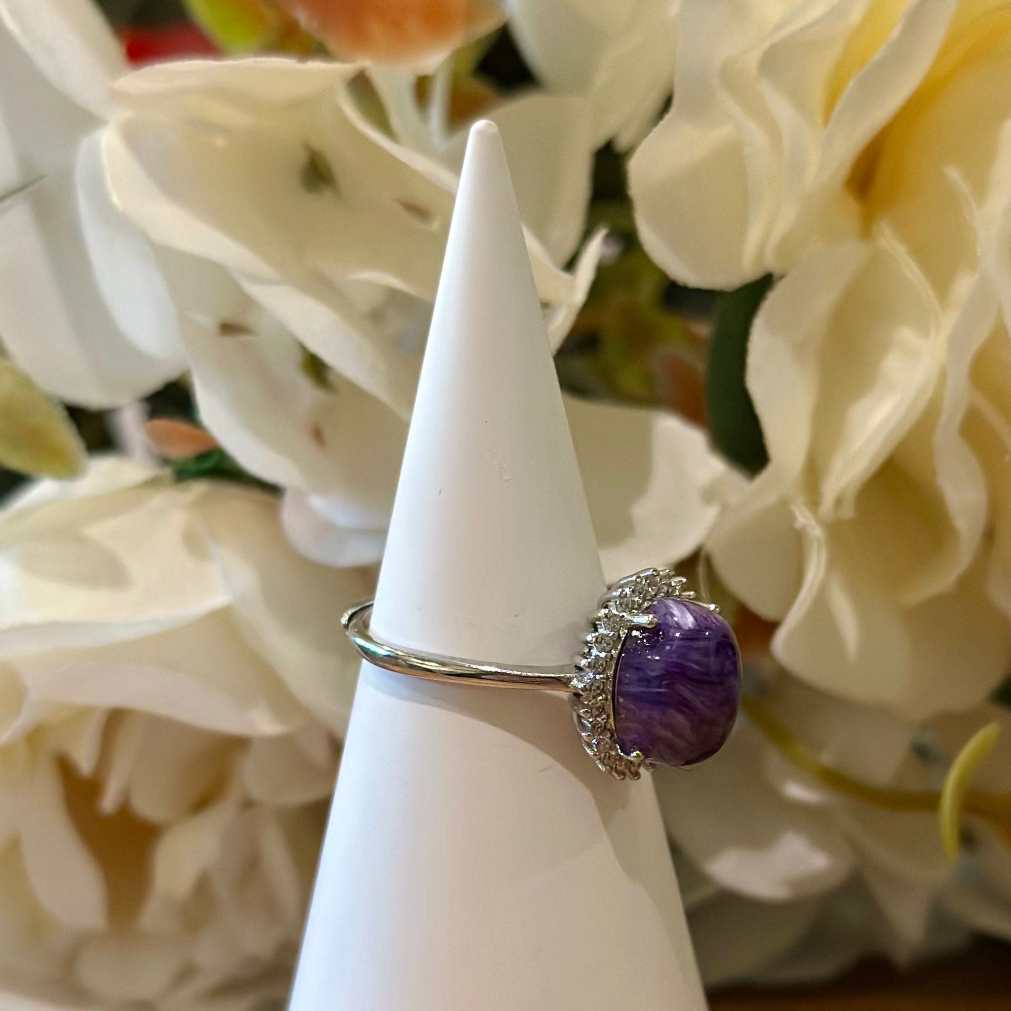 Charoite Ring – Pavé Halo Setting