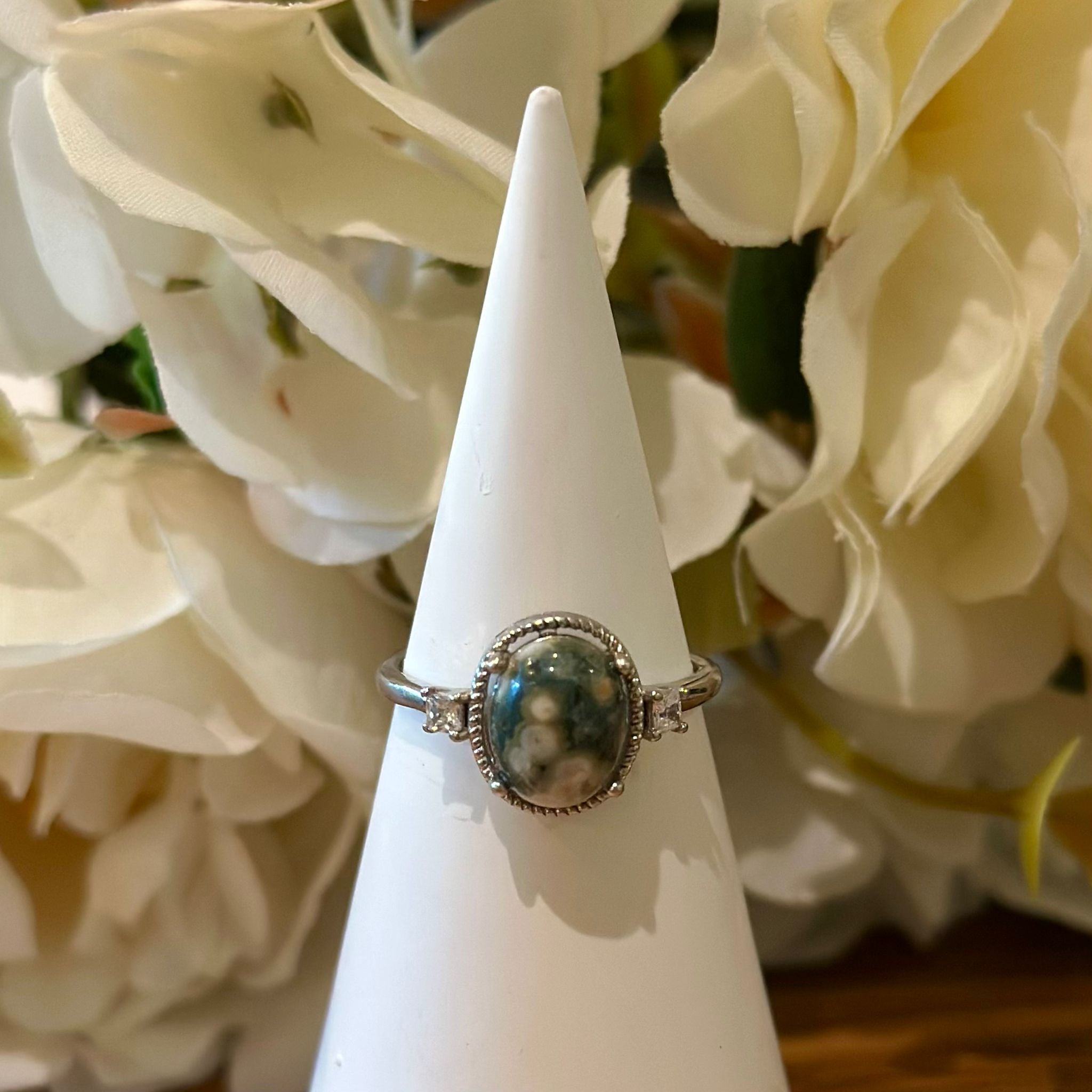 Ocean Jasper Ring – Beaded Halo Setting