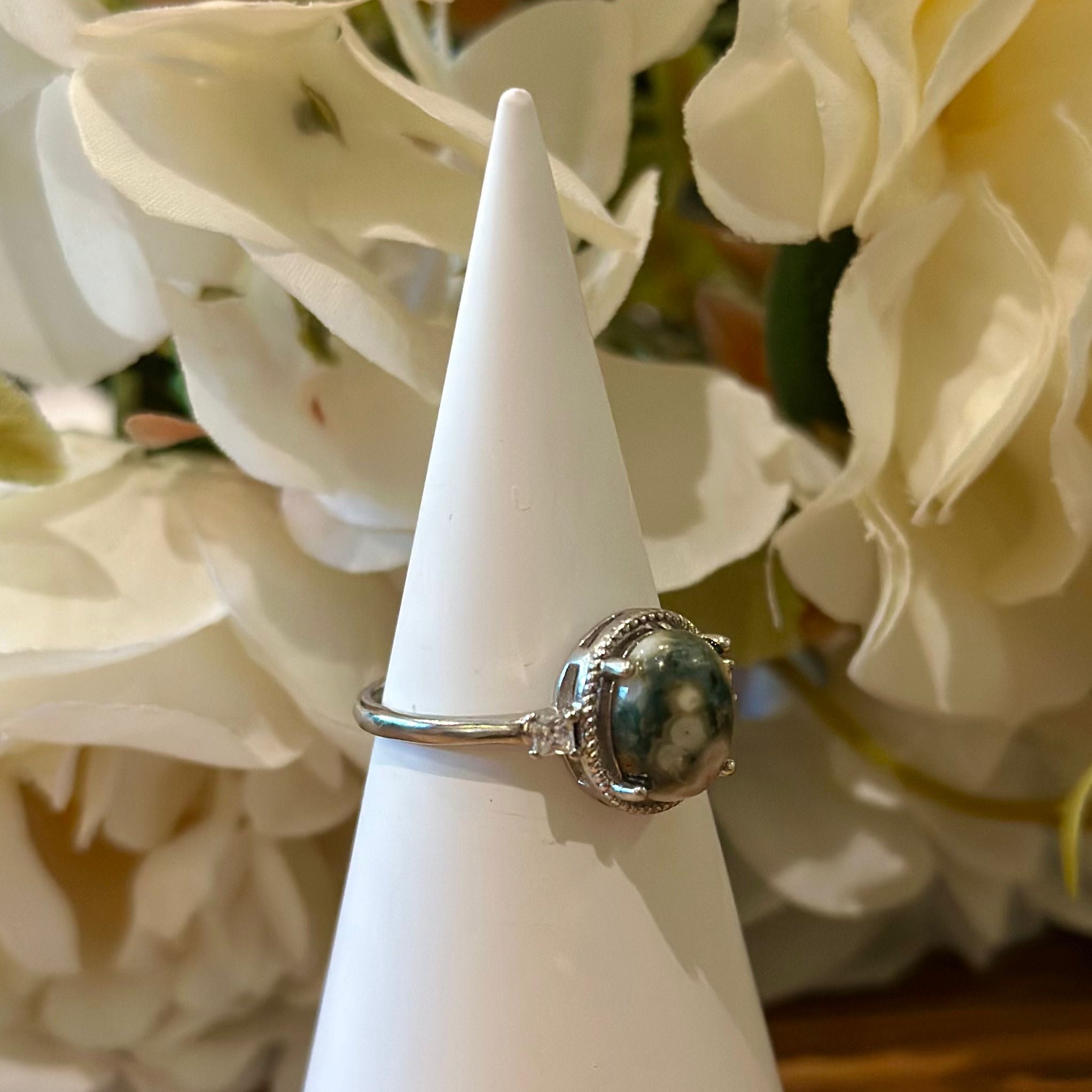 Ocean Jasper Ring – Beaded Halo Setting