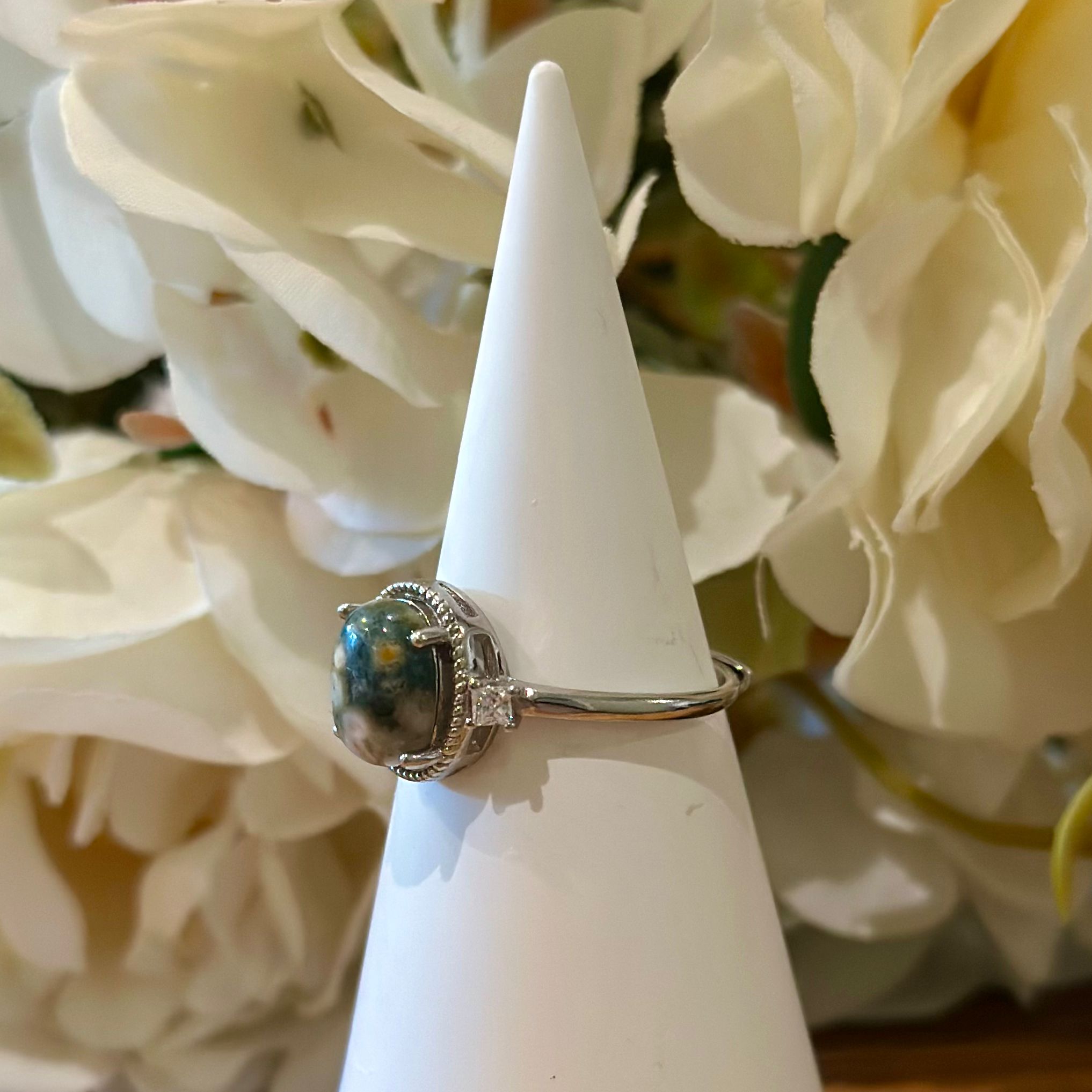 Ocean Jasper Ring – Beaded Halo Setting
