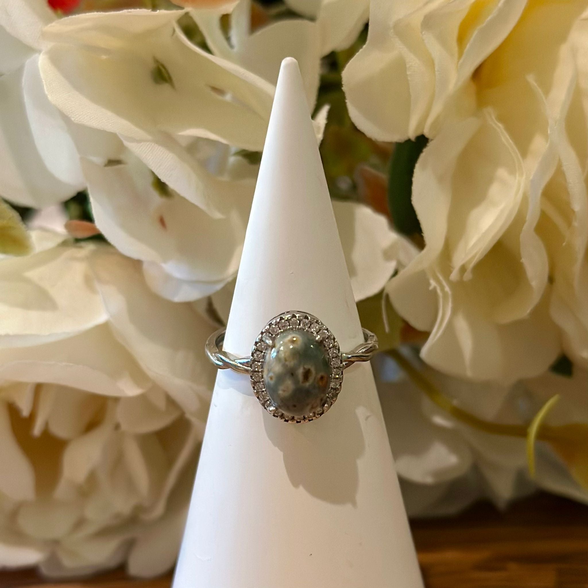 Ocean Jasper Ring – Pavé Halo Setting