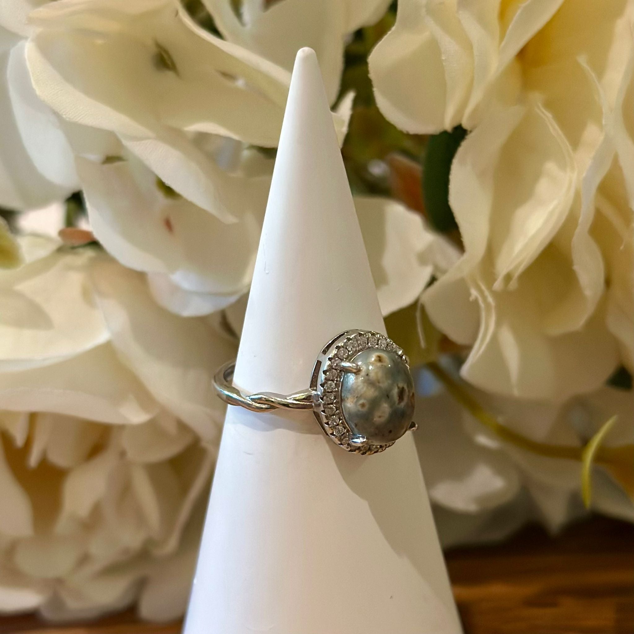 Ocean Jasper Ring – Pavé Halo Setting