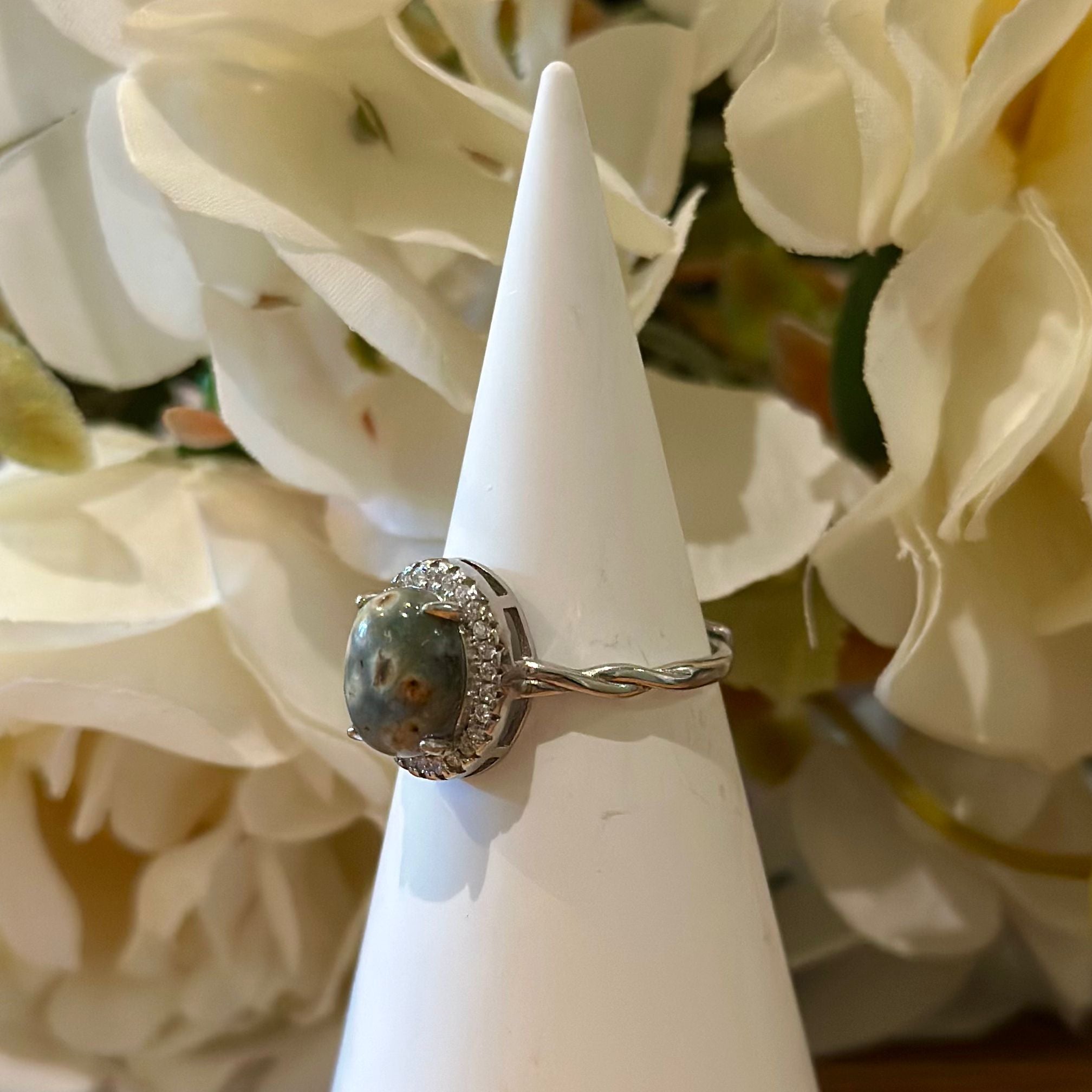 Ocean Jasper Ring – Pavé Halo Setting