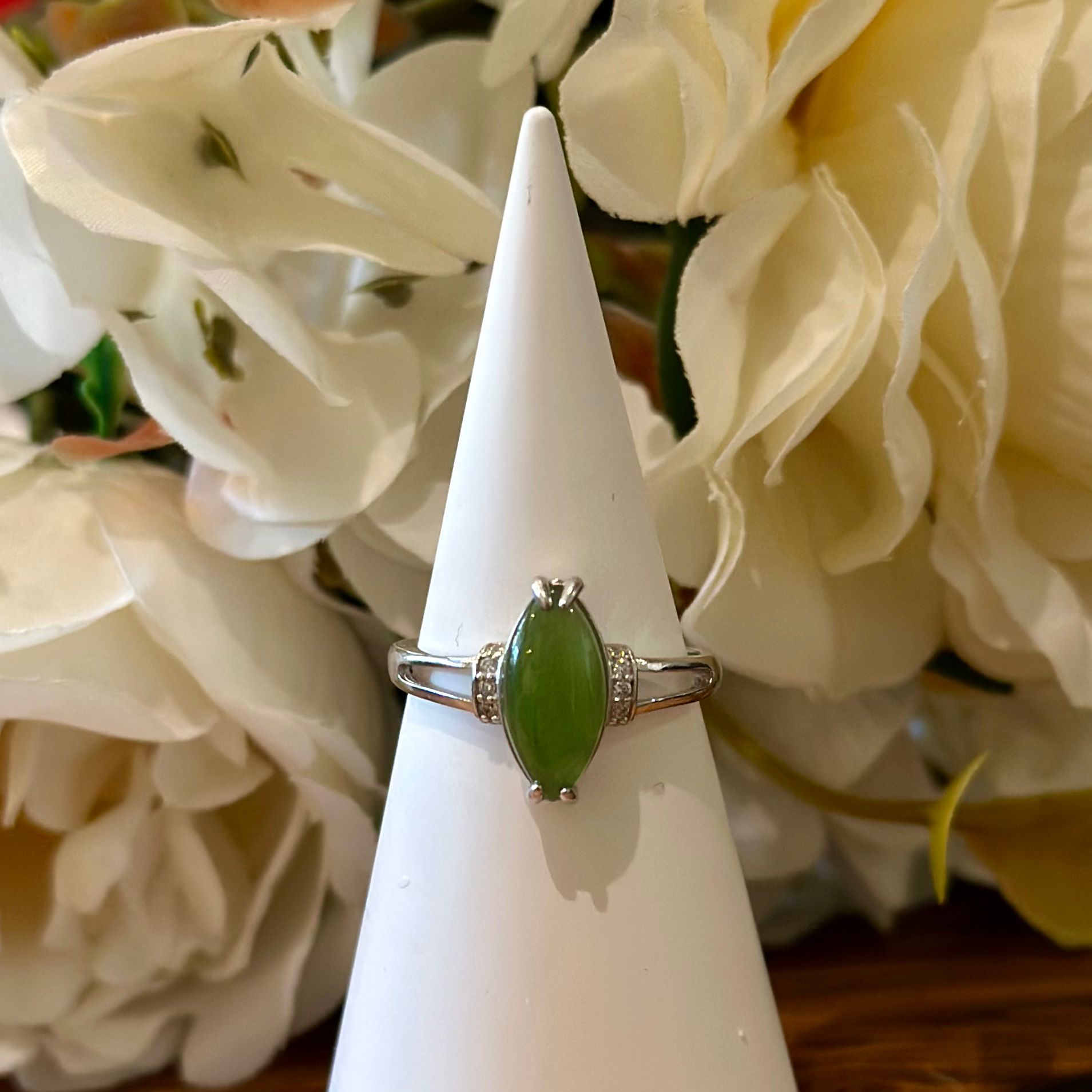 Green Jade Ring – Marquise Cut with Accent Band