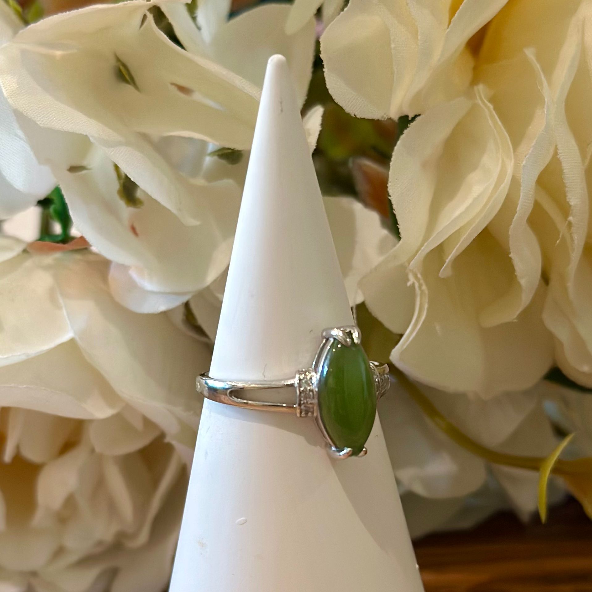 Green Jade Ring – Marquise Cut with Accent Band