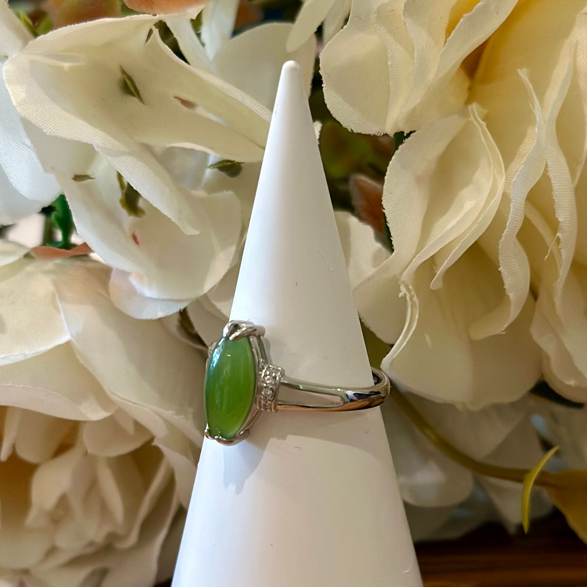 Green Jade Ring – Marquise Cut with Accent Band