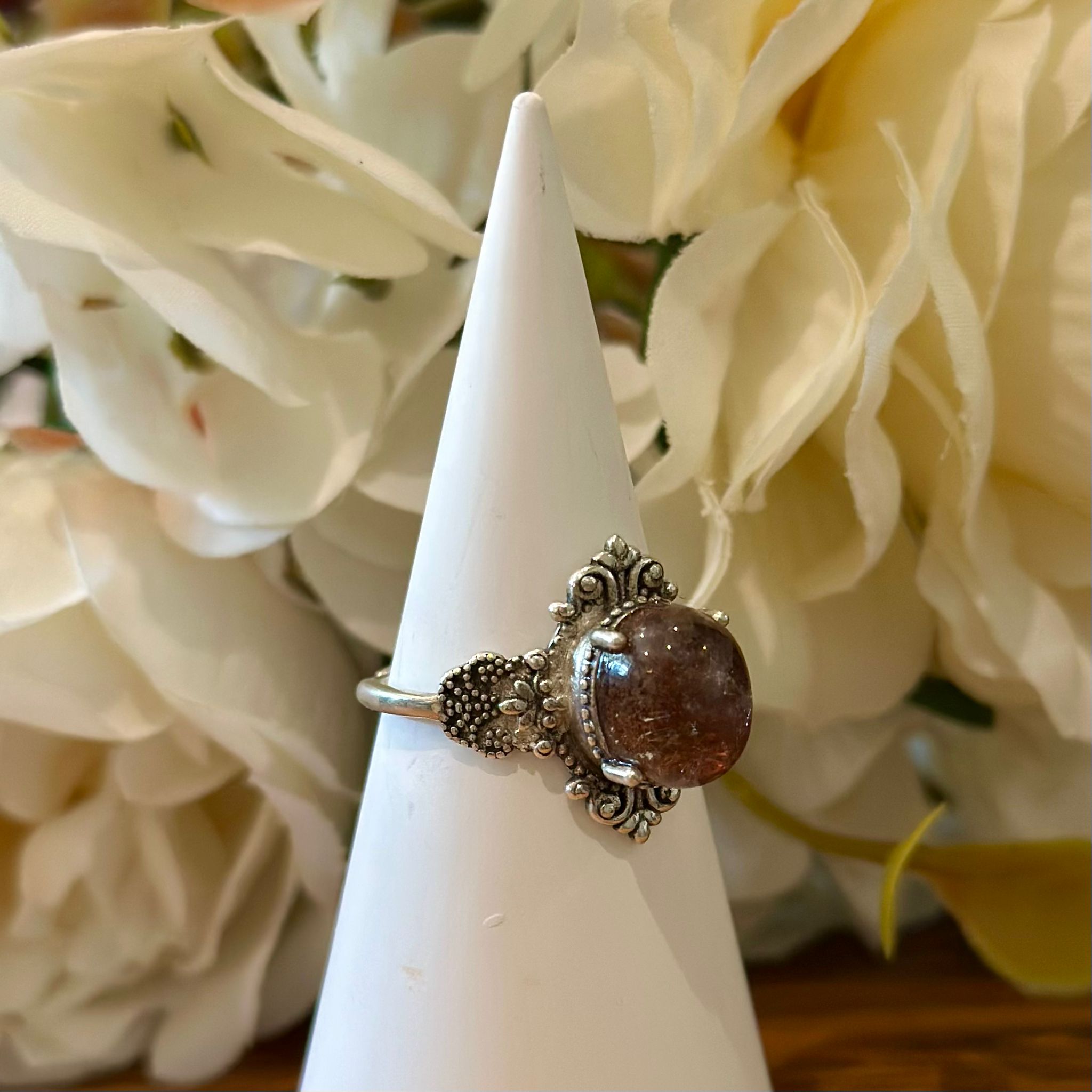 Red Garden Quartz Ring – Ornate Vintage Setting