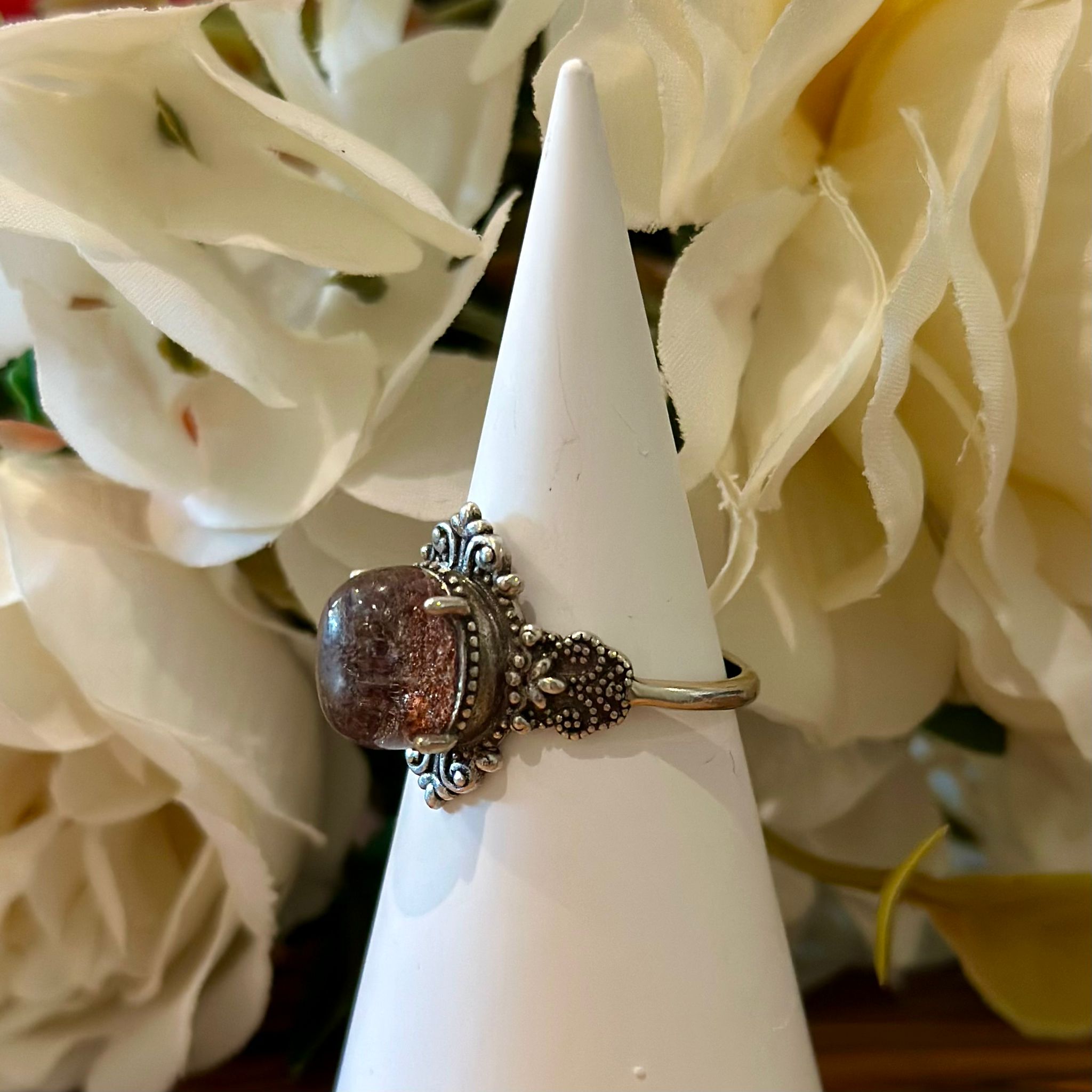 Red Garden Quartz Ring – Ornate Vintage Setting