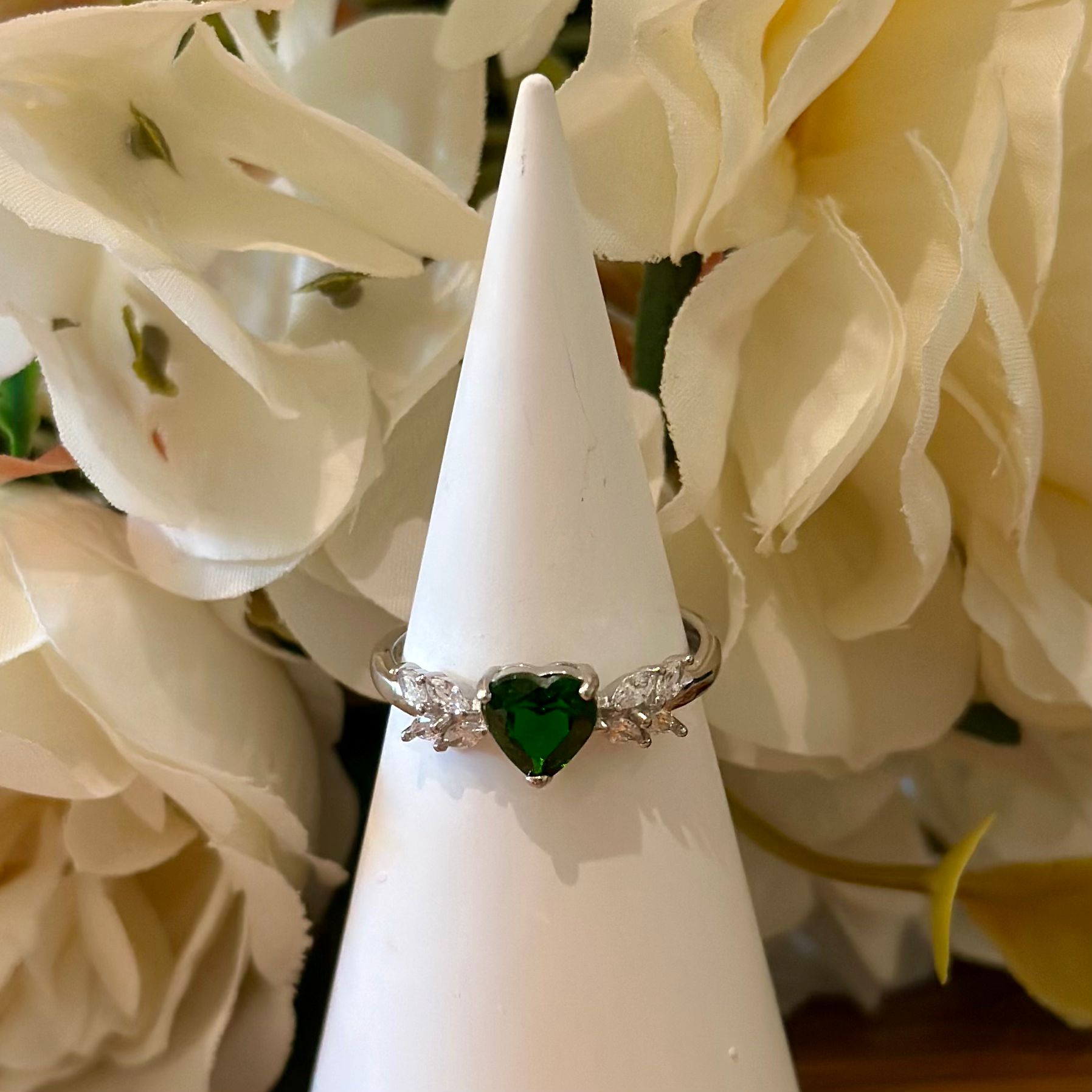 Green Diopside Ring – Heart Cut with Floral Accents