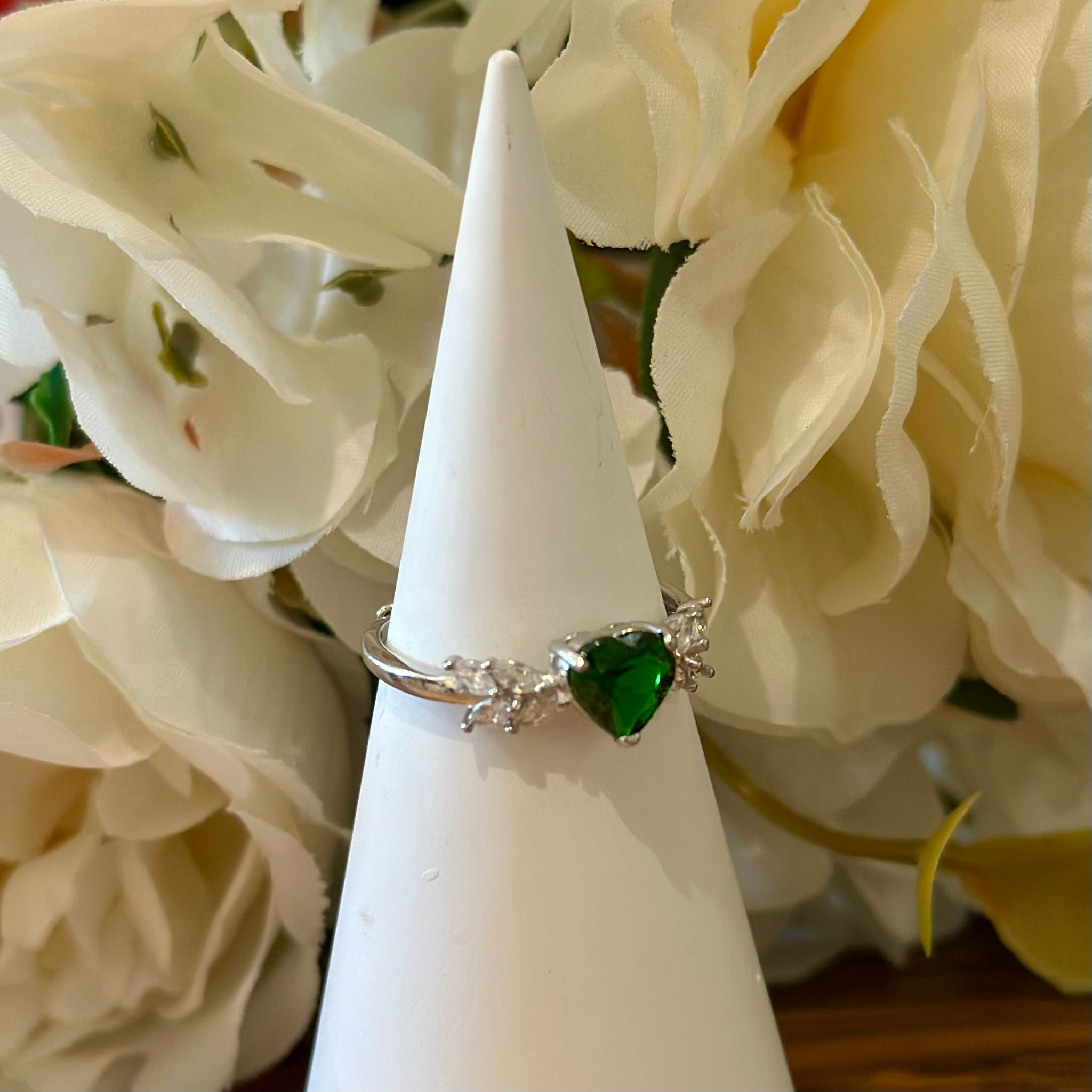 Green Diopside Ring – Heart Cut with Floral Accents