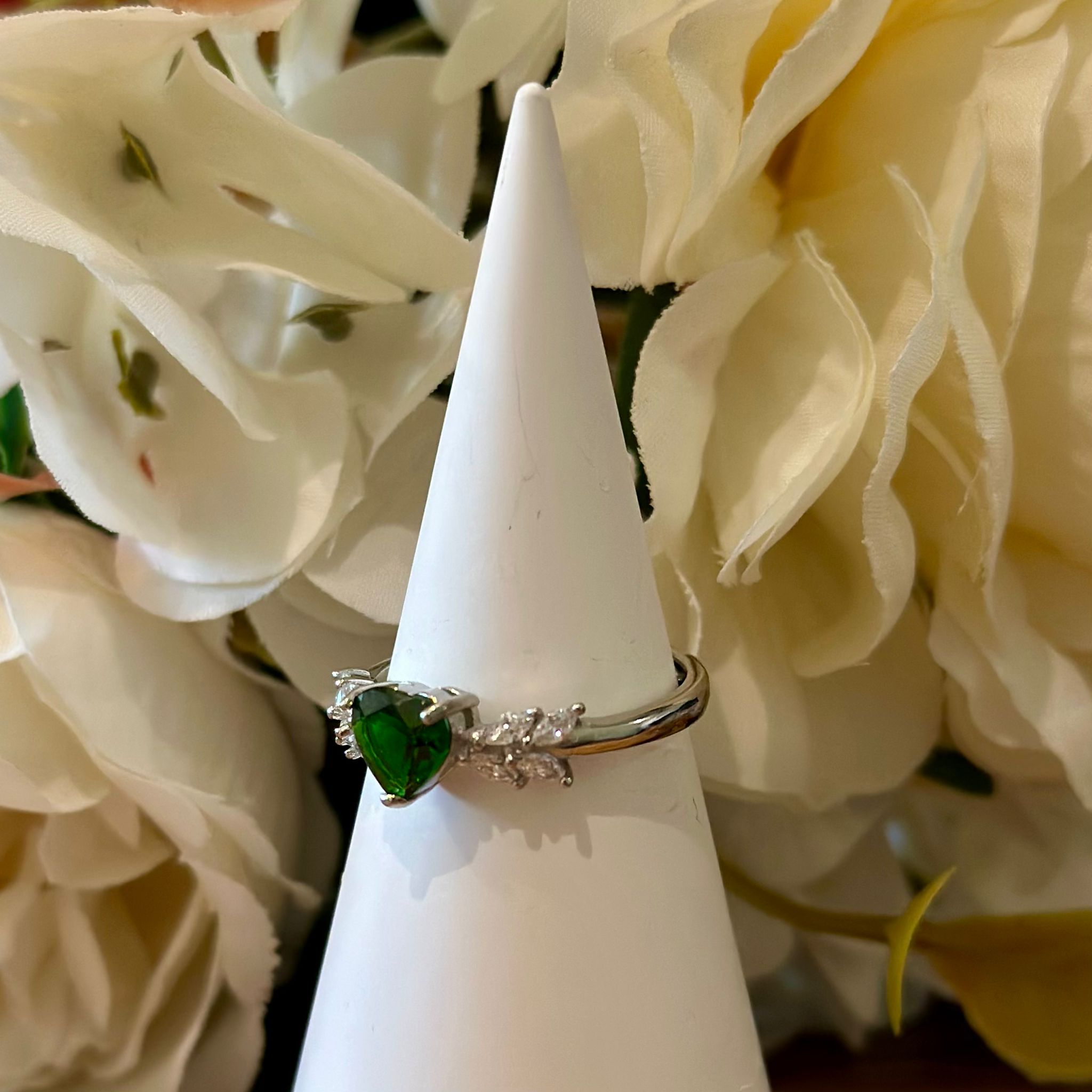 Green Diopside Ring – Heart Cut with Floral Accents