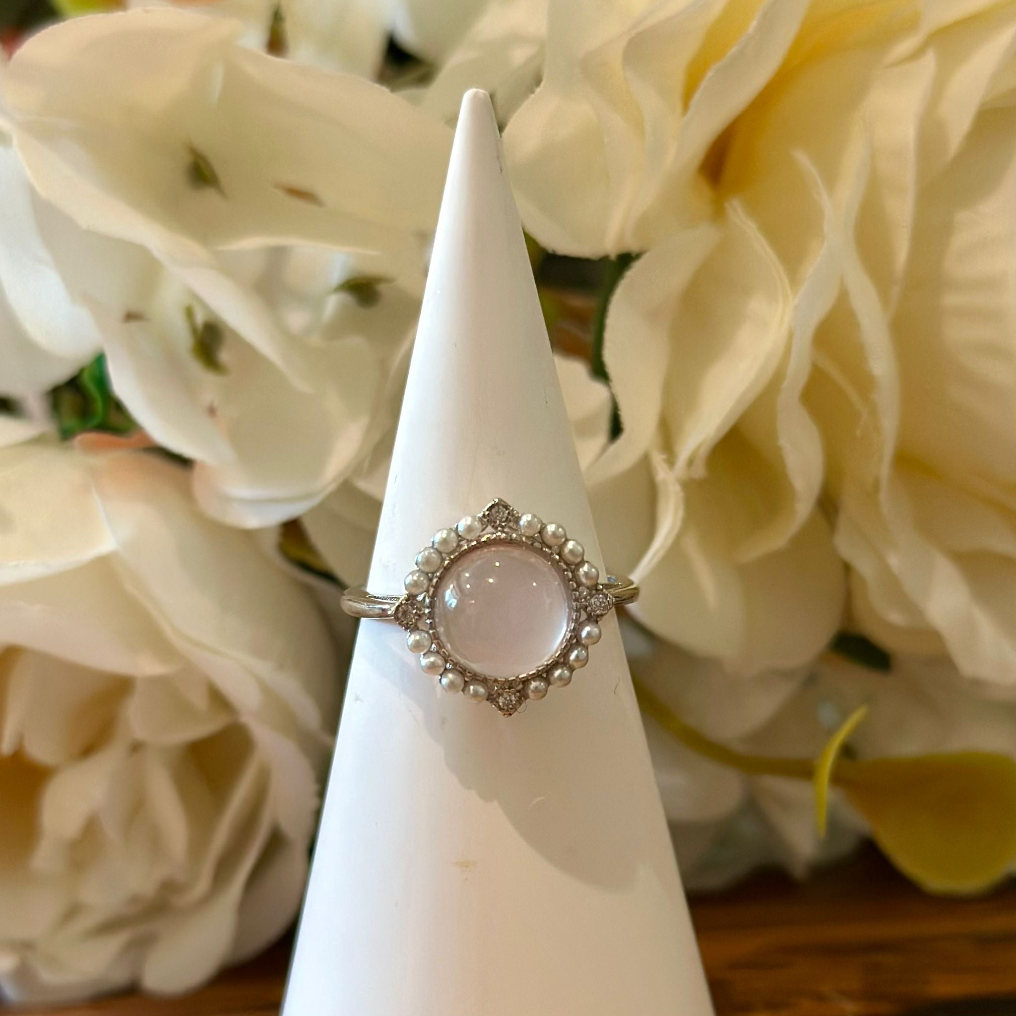 Rose Quartz Ring – Cabochon with Pearl Halo Setting