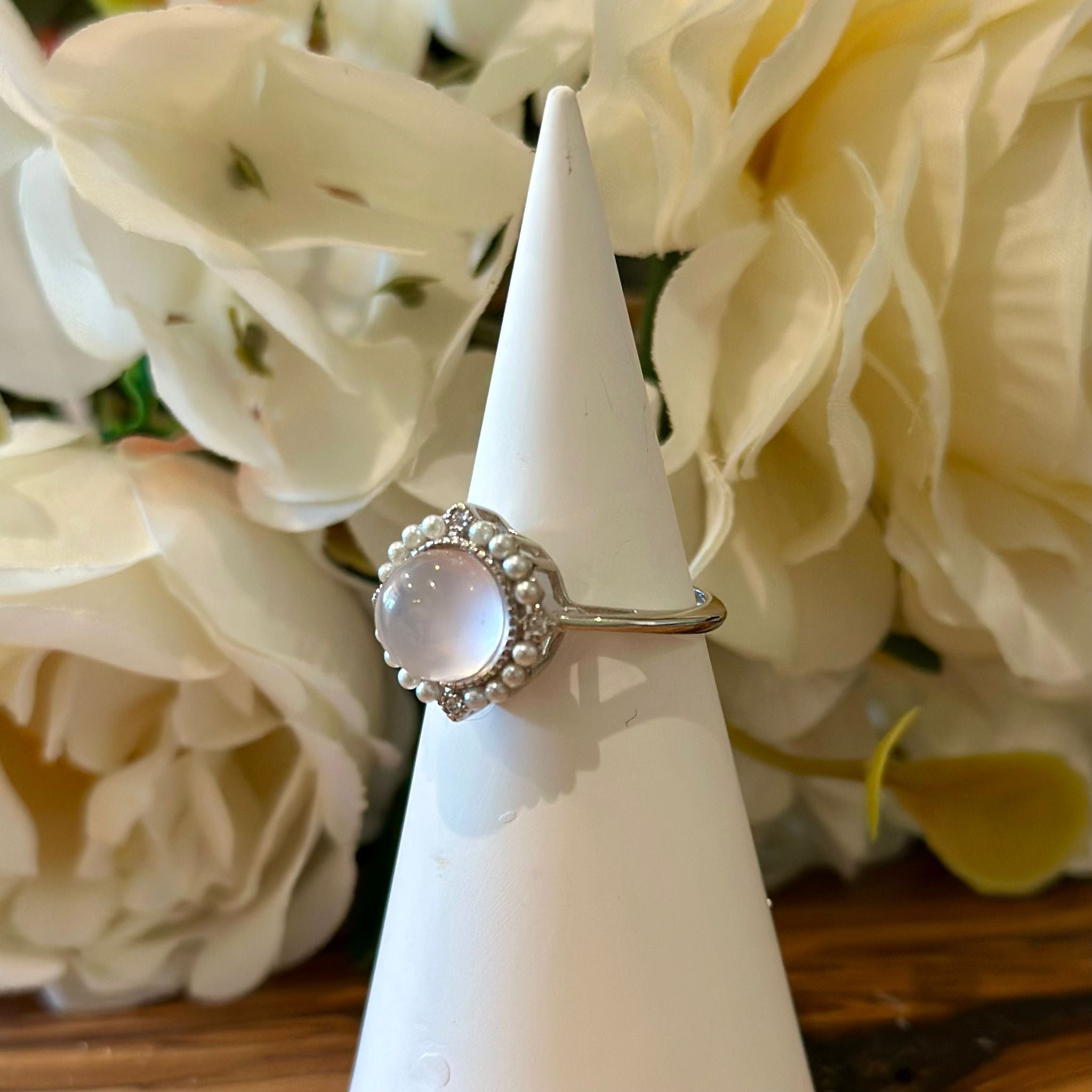 Rose Quartz Ring – Cabochon with Pearl Halo Setting