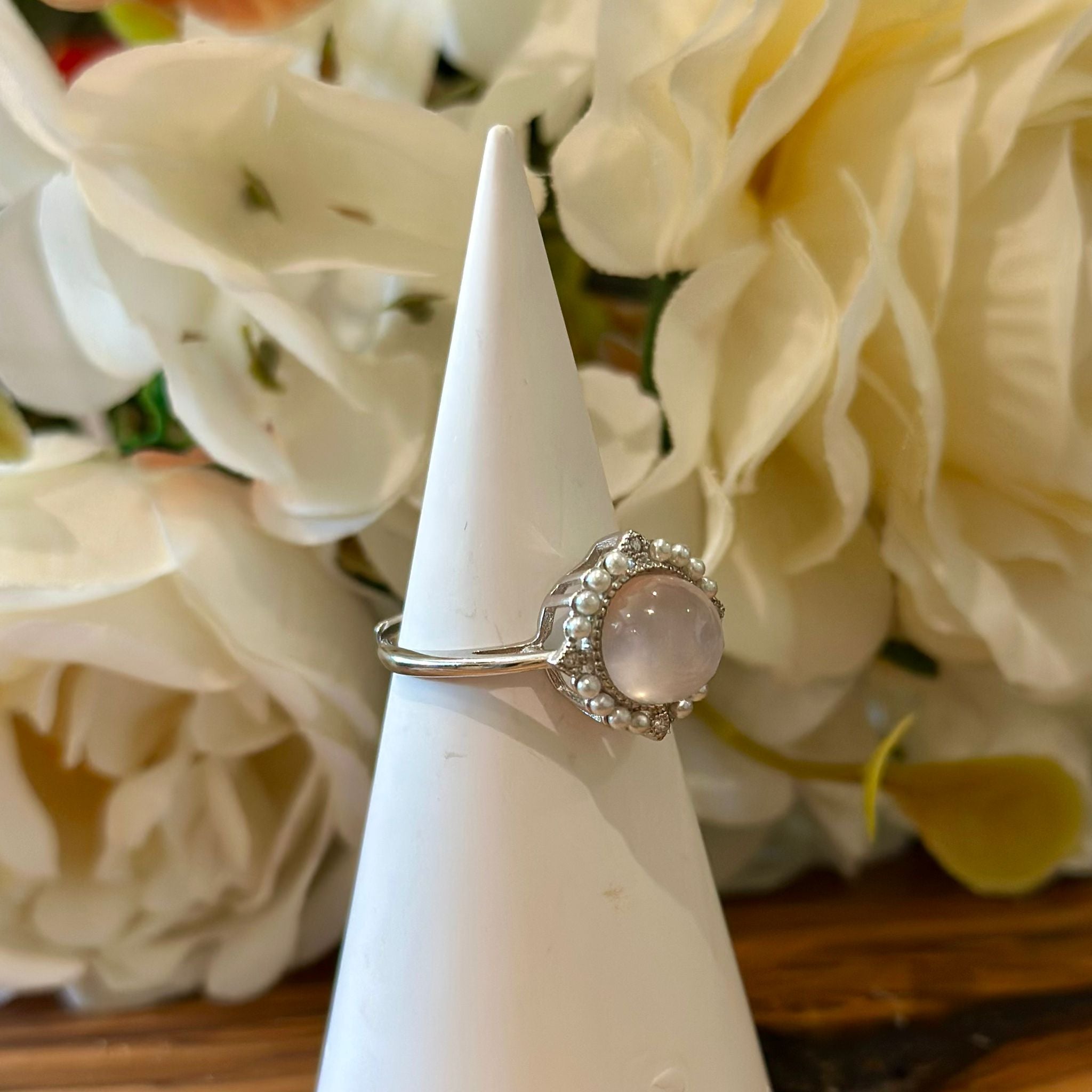 Rose Quartz Ring – Cabochon with Pearl Halo Setting