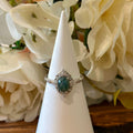 Moss Agate Ring – Oval Cabochon with Vintage Halo