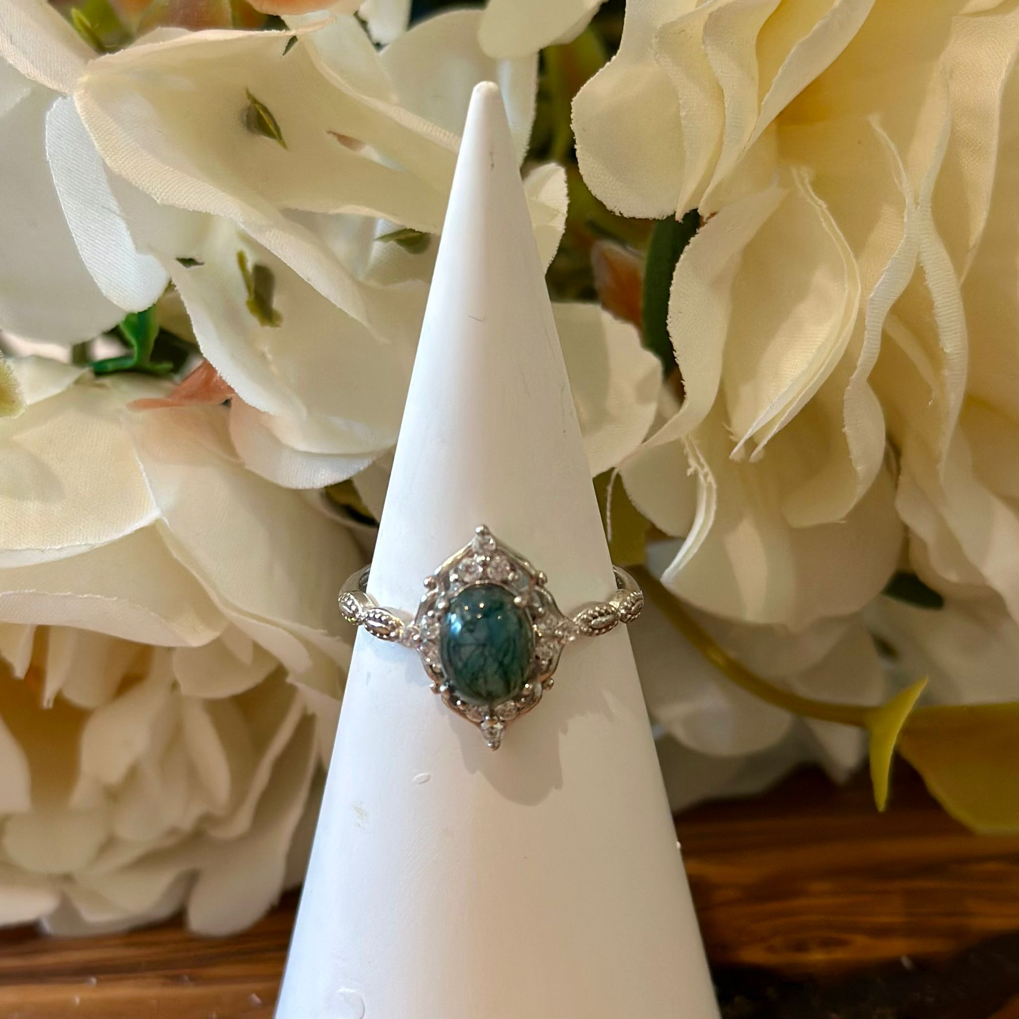 Moss Agate Ring – Oval Cabochon with Vintage Halo