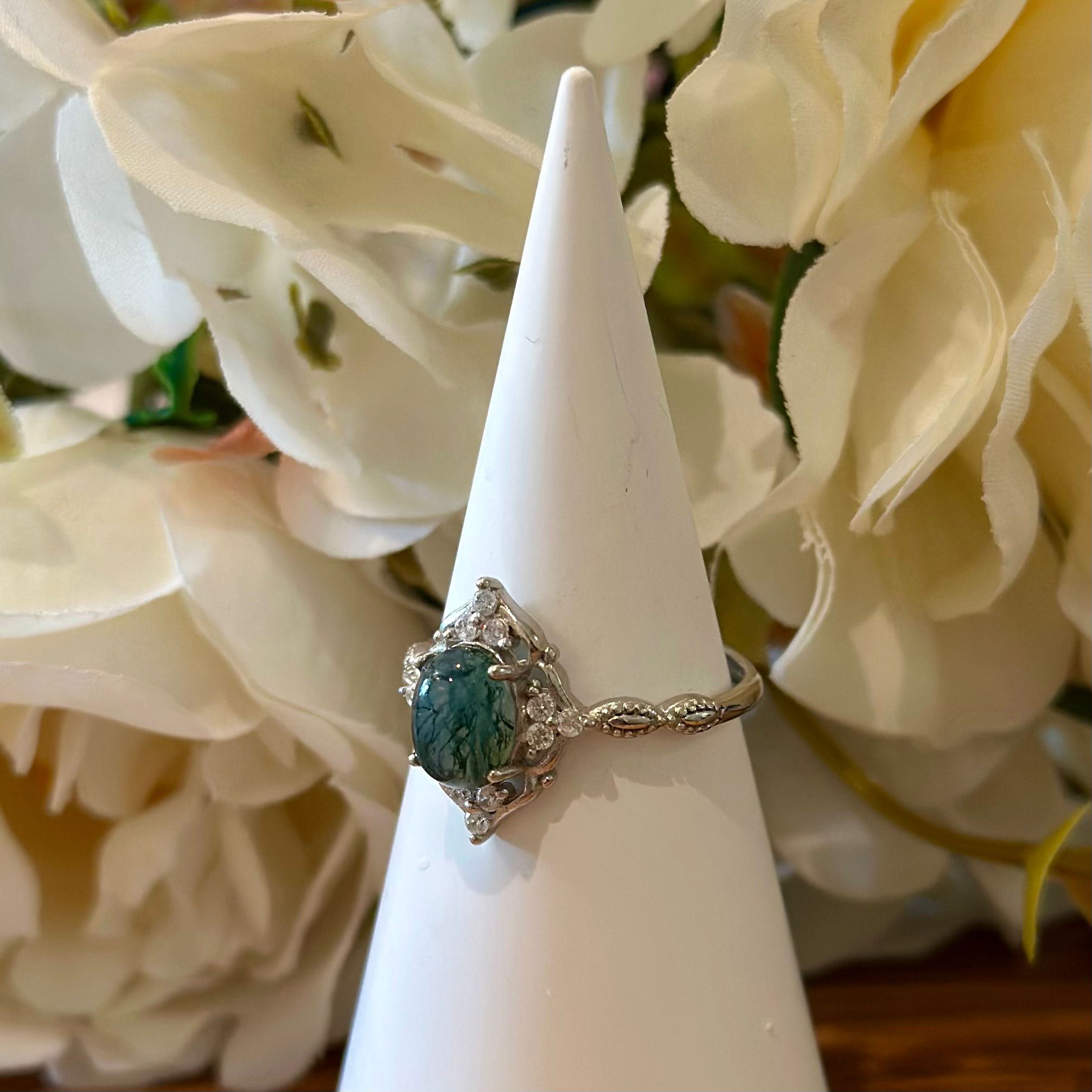 Moss Agate Ring – Oval Cabochon with Vintage Halo